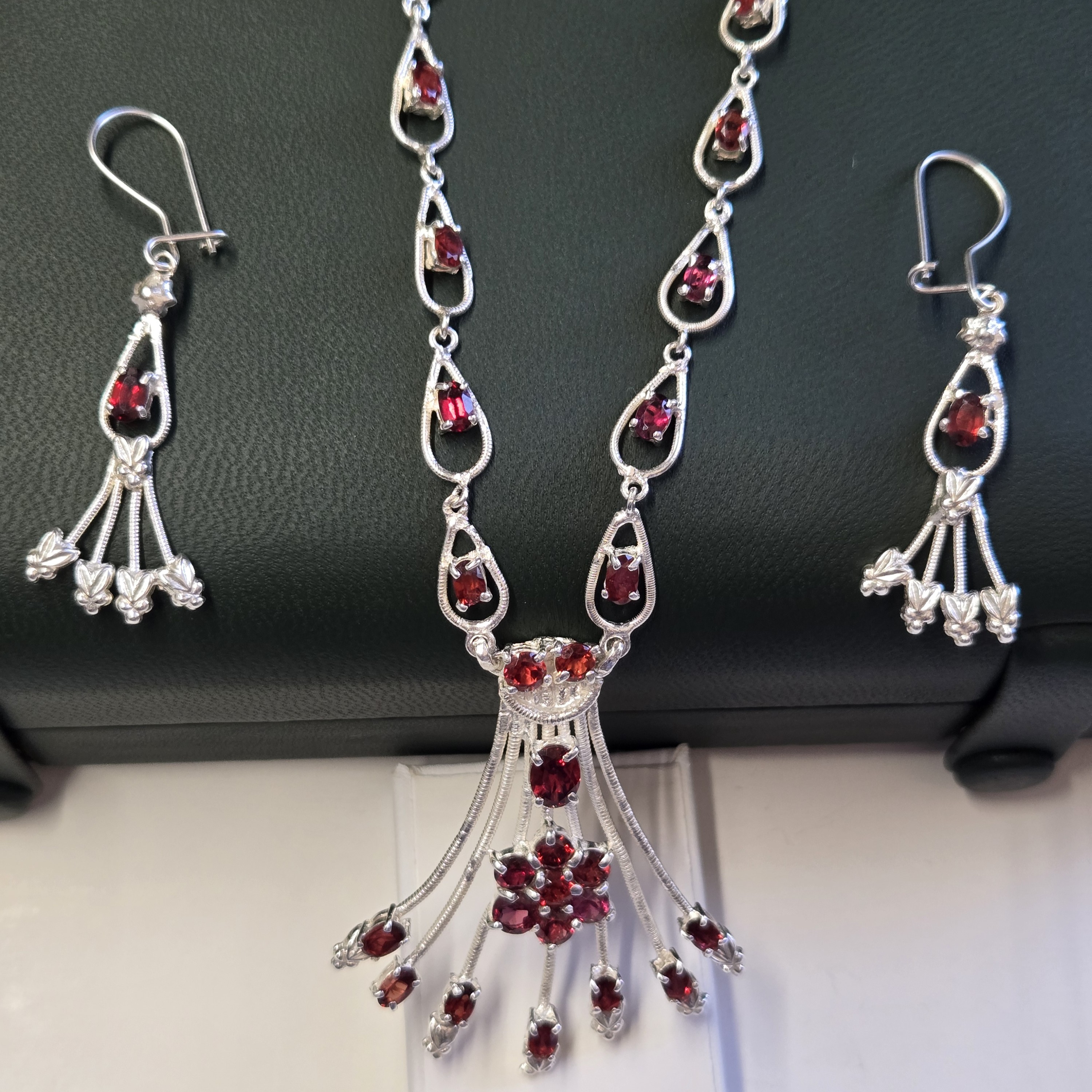 Necklace 4.3x5.2cm Pendant; Earrings 1.8x3cm; Weight 17g+; Red Garnet. HN0002,Garnet Jewelry Set, Red Gemstone Necklace, Sri Lanka Artisan, Silver Set