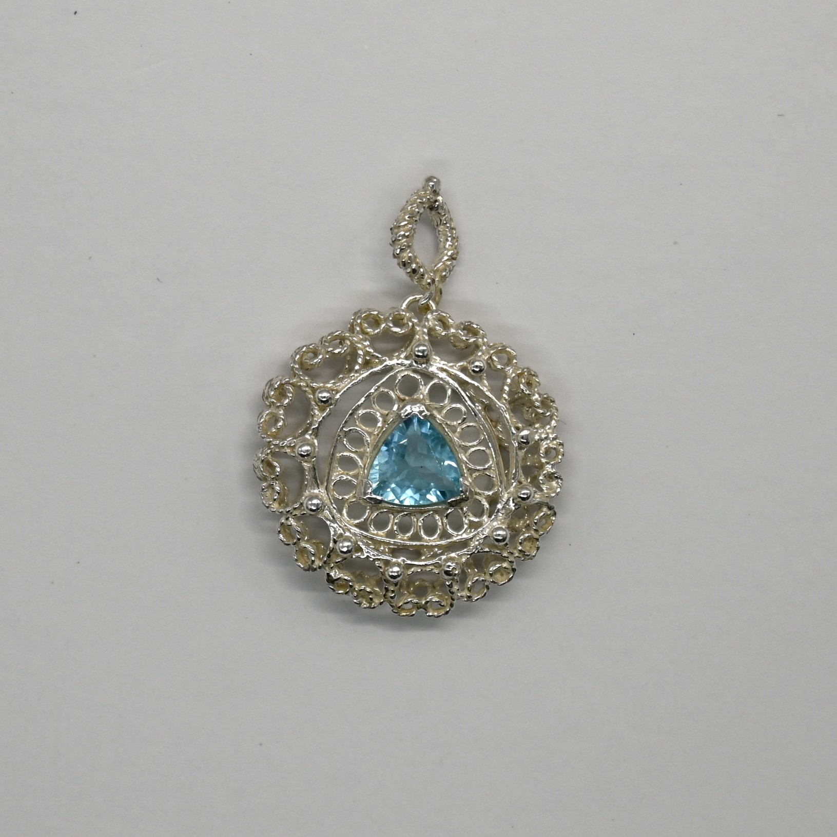 2.8cm W x 2.8cm H; Weight 5.46g; Handcrafted Circular Design; Premium Gemstone. Mandala Pendant, Blue Topaz Silver, Sri Lanka Artisan, 925 Silver
