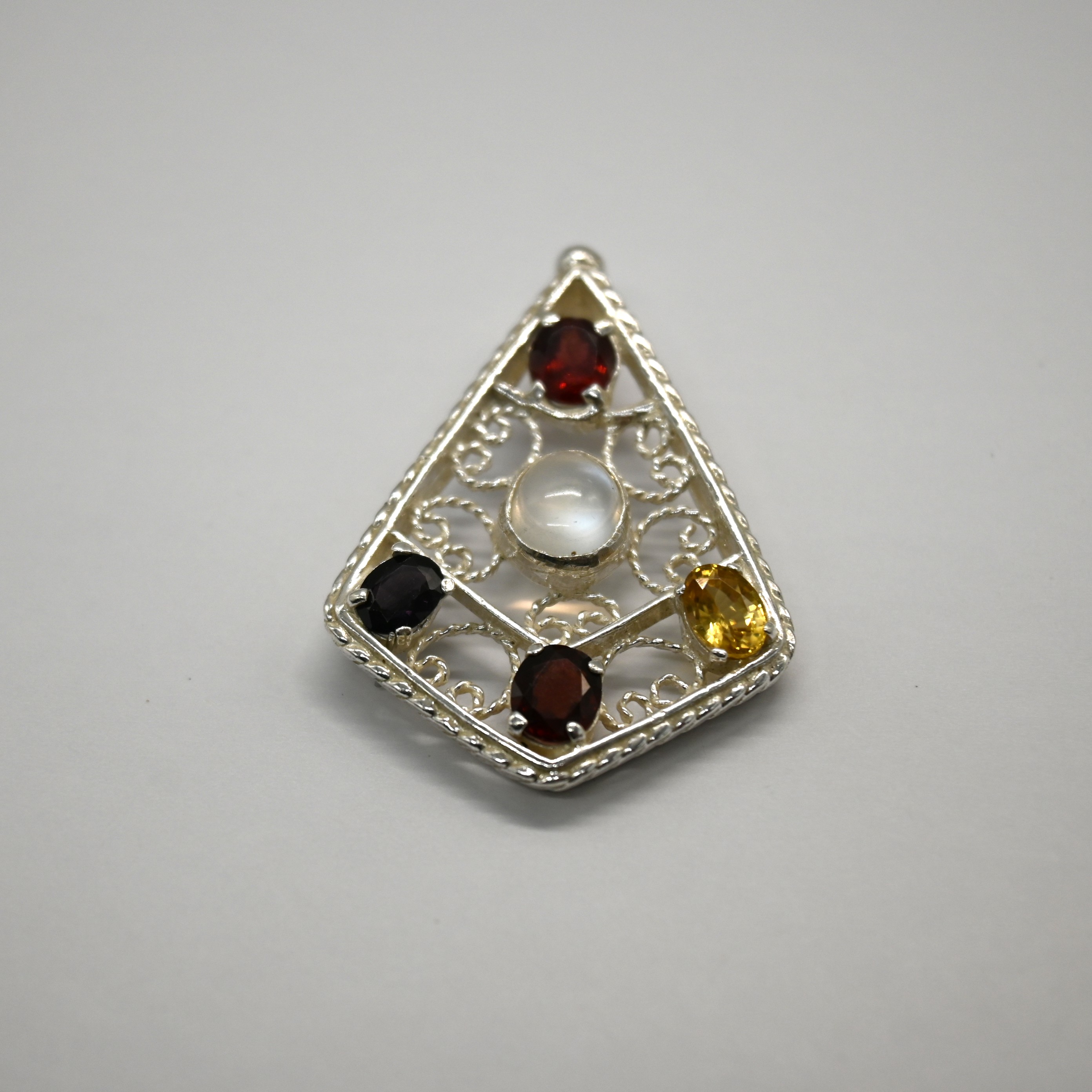 3cm W x 3.8cm H; Weight 6.9g; Natural White Moonstone; Sterling Silver Shield. Moonstone Pendant, Multi-stone Silver, Sri Lanka Gems, Artisan Jewelry
