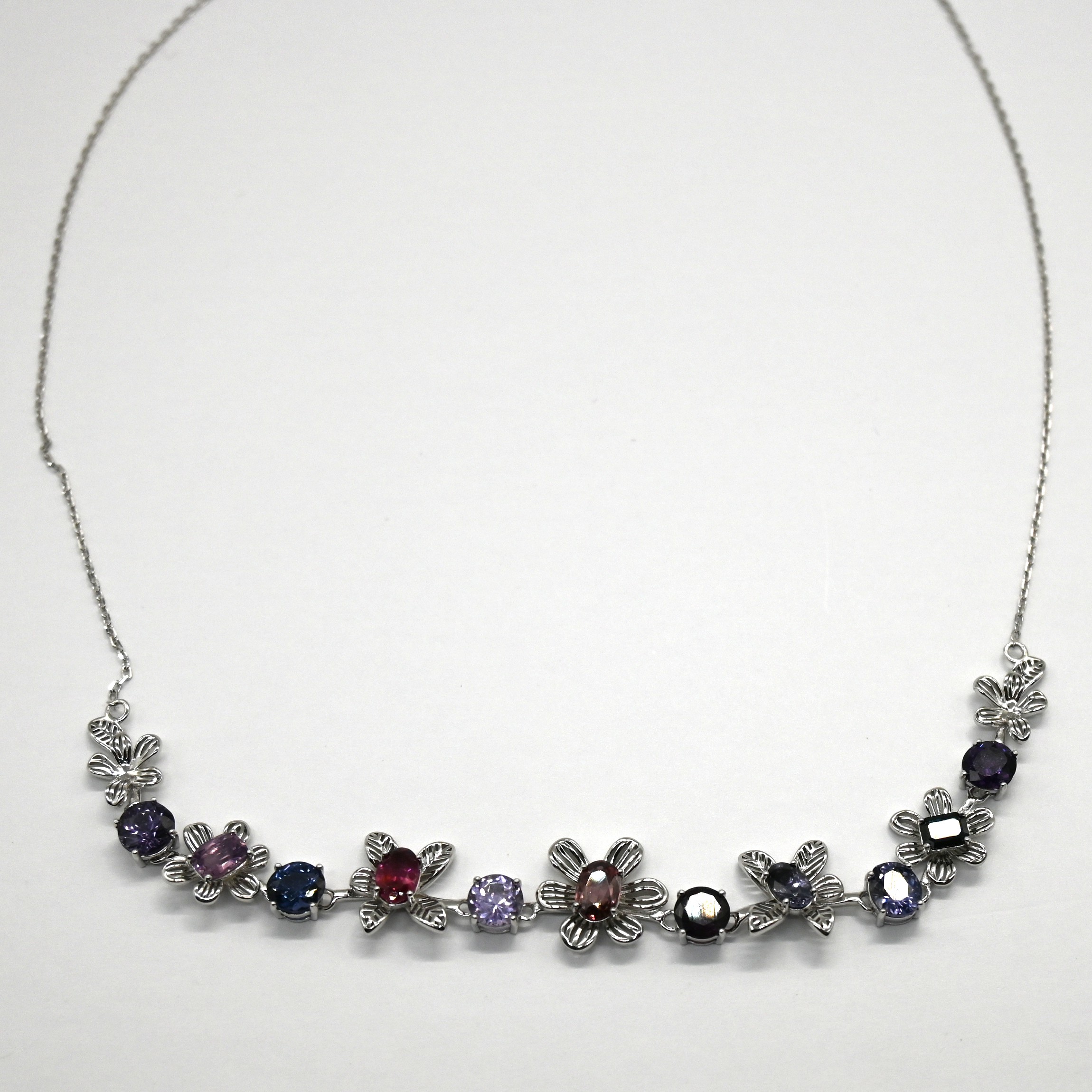 11 Natural Gems; ~8ct; 39+6cm length; Sterling Silver. NES002~06, Flower Necklace, Multi-Gemstone, Sri Lanka Jewelry, 925 Silver, Pastel Gems