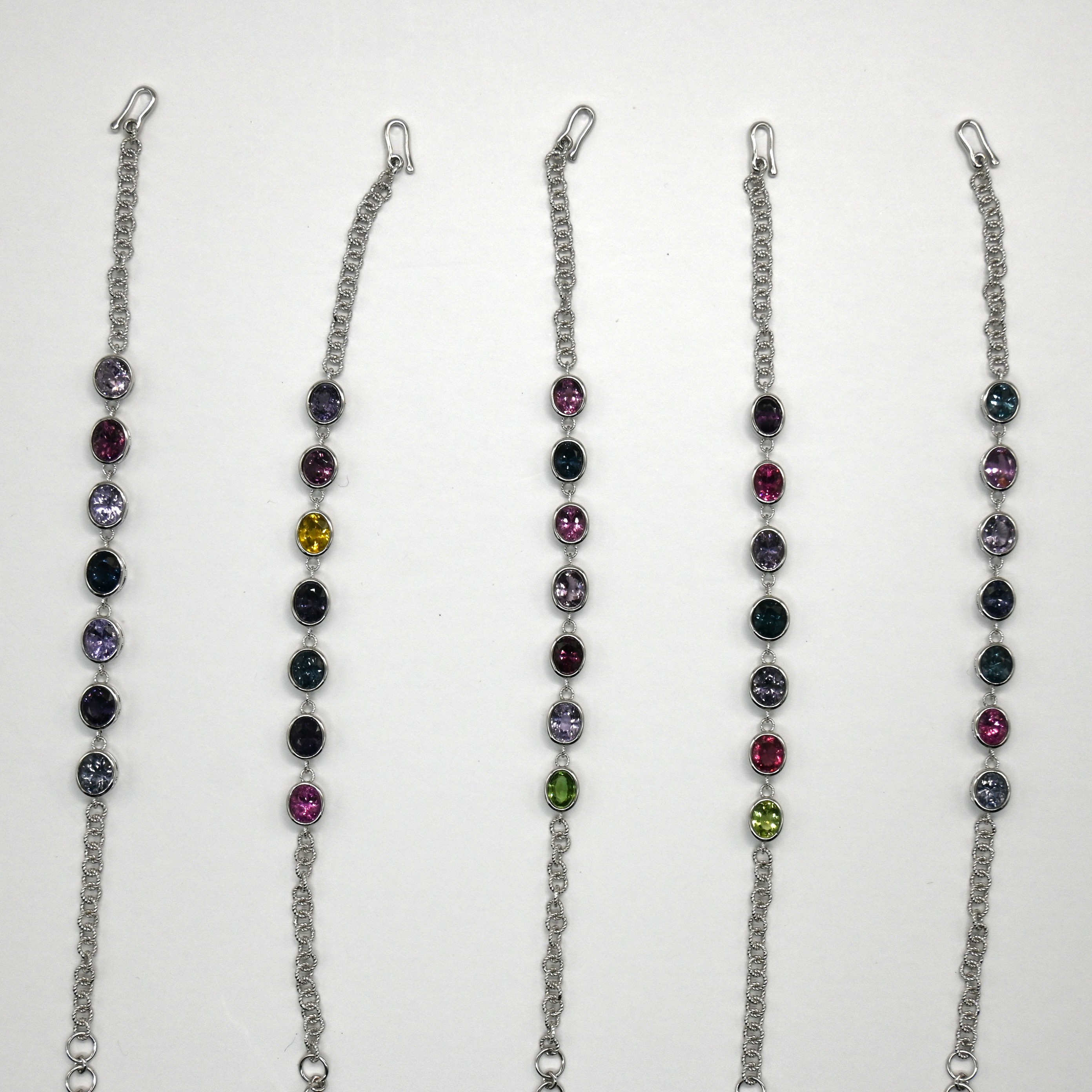 Gemstone Chain Bracelet, Multi-stone Silver, Sri Lanka Artisan, 925 Silver, Adjustable Bracelet