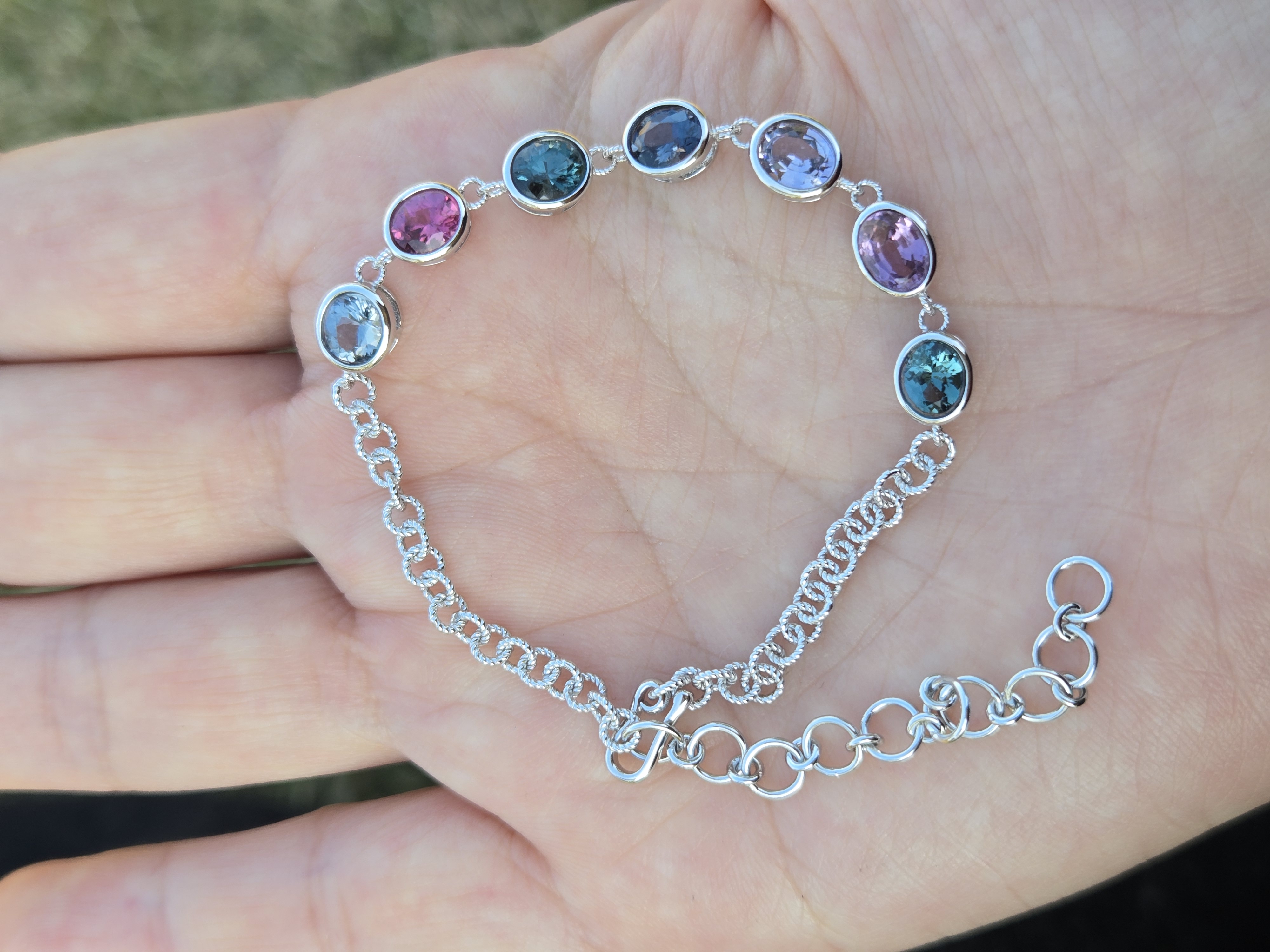 Gemstone Chain Bracelet, Multi-stone Silver, Sri Lanka Artisan, 925 Silver, Adjustable Bracelet