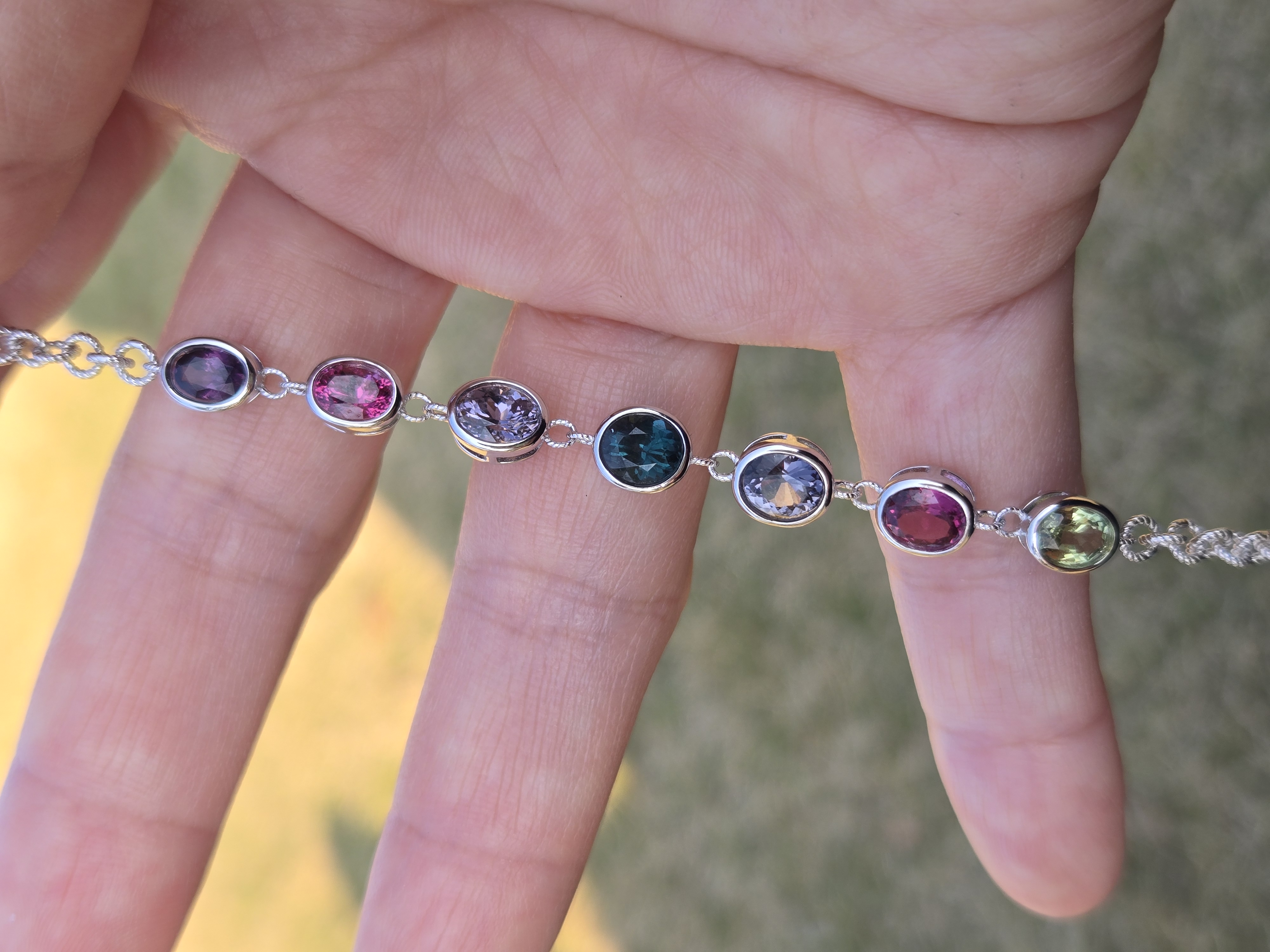 Gemstone Chain Bracelet, Multi-stone Silver, Sri Lanka Artisan, 925 Silver, Adjustable Bracelet