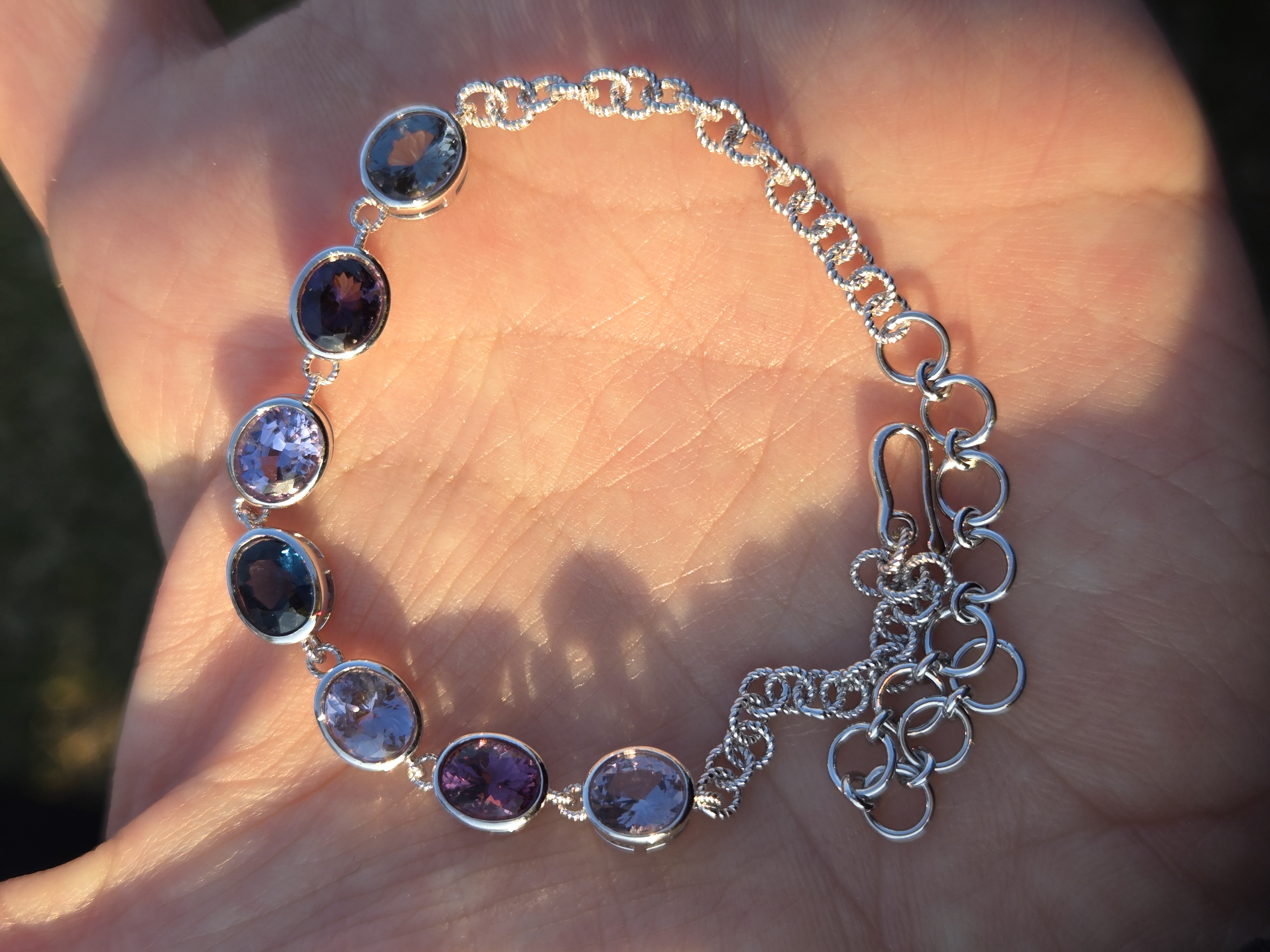 Gemstone Chain Bracelet, Multi-stone Silver, Sri Lanka Artisan, 925 Silver, Adjustable Bracelet