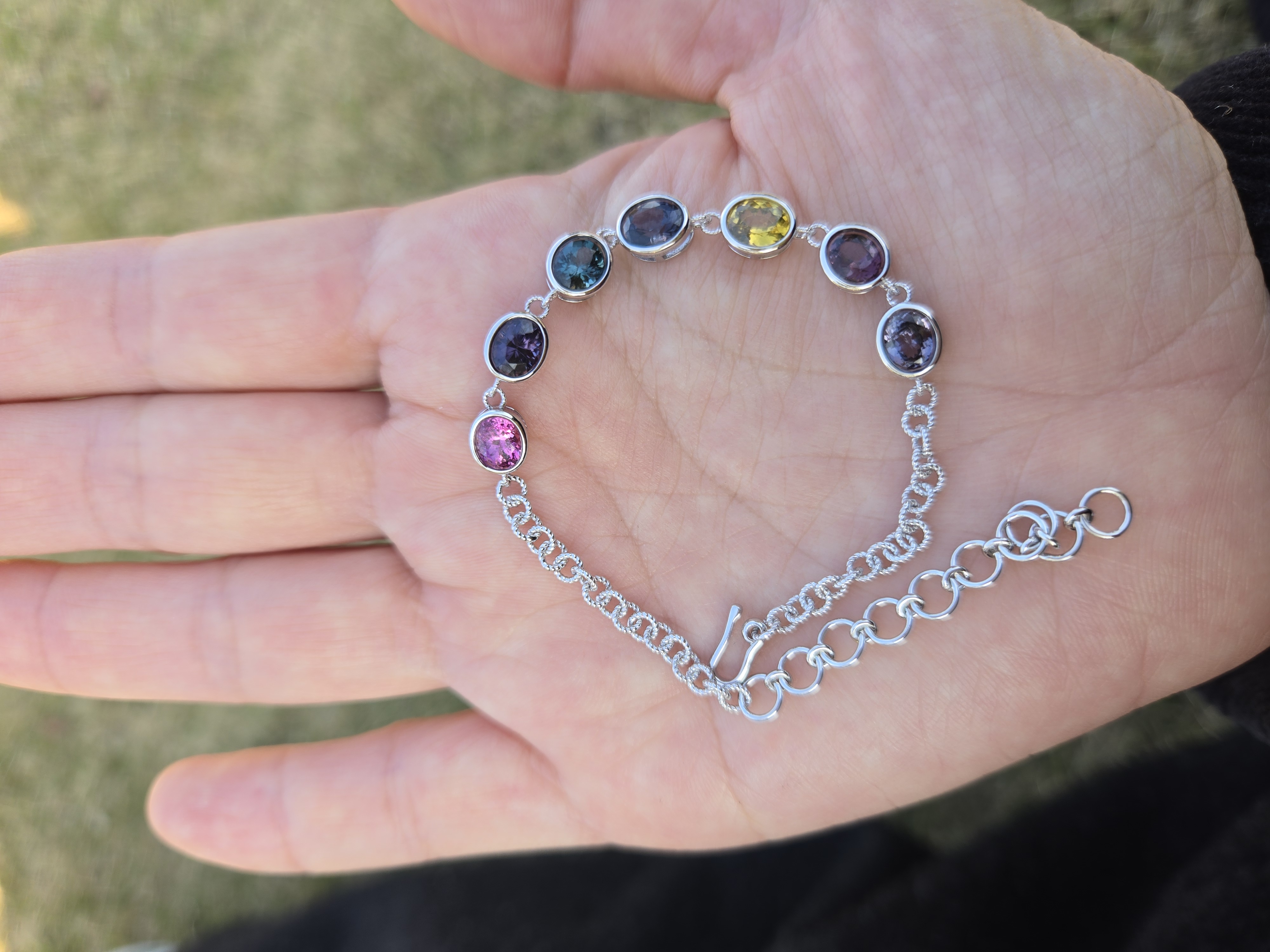 Gemstone Chain Bracelet, Multi-stone Silver, Sri Lanka Artisan, 925 Silver, Adjustable Bracelet