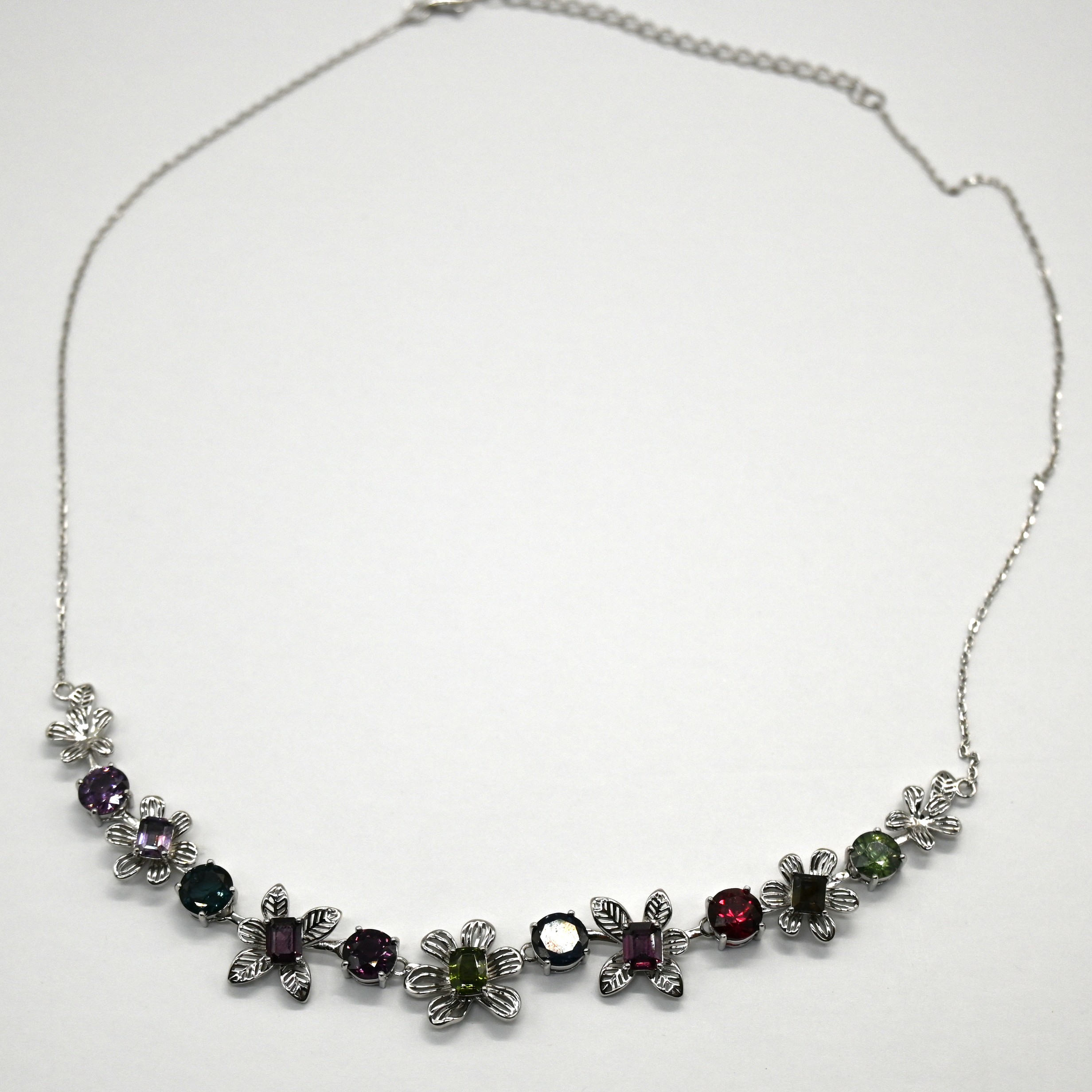 Flower Necklace, Multi-Gemstone, Sri Lanka Jewelry, 925 Silver, Pastel Gems