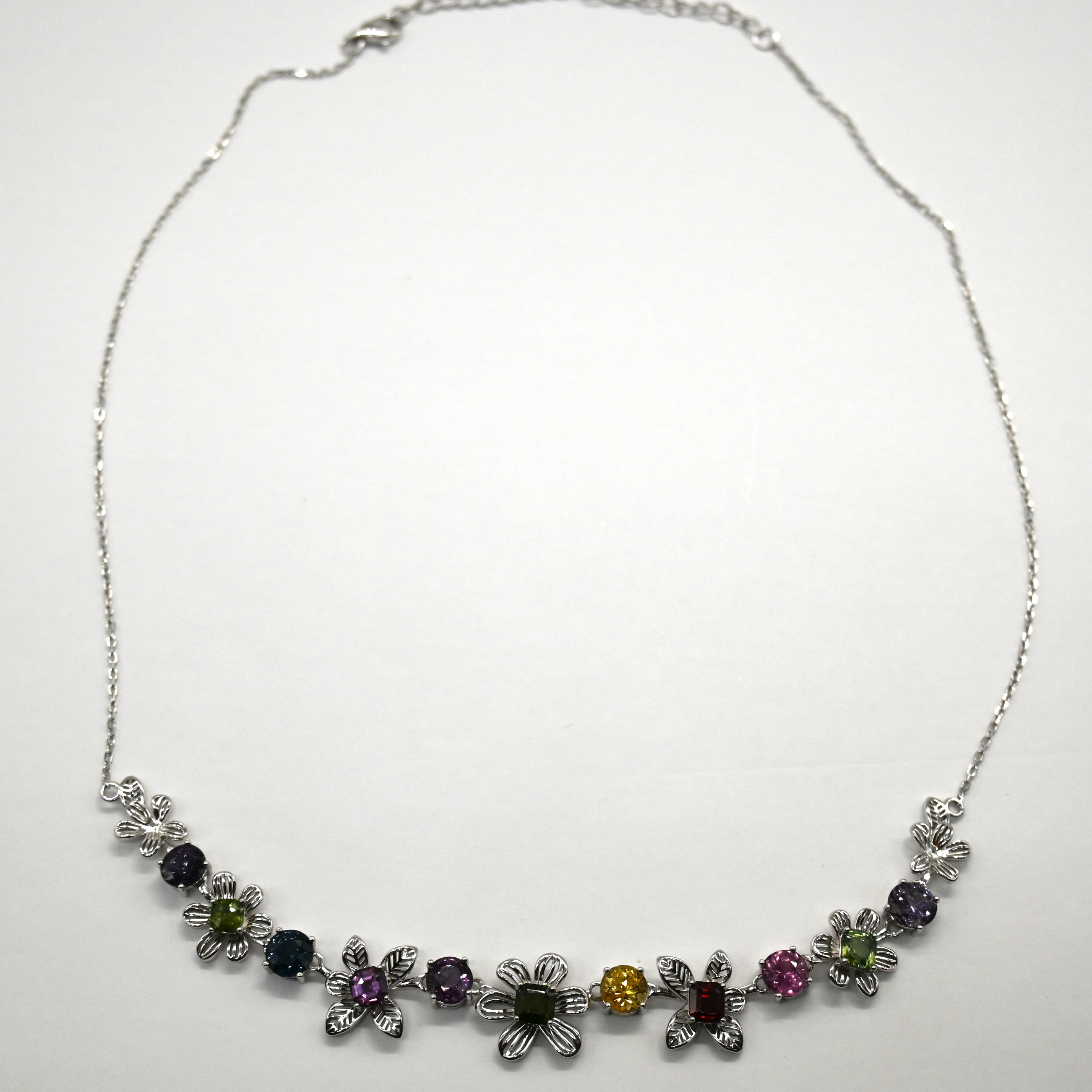 Flower Necklace, Multi-Gemstone, Sri Lanka Jewelry, 925 Silver, Pastel Gems