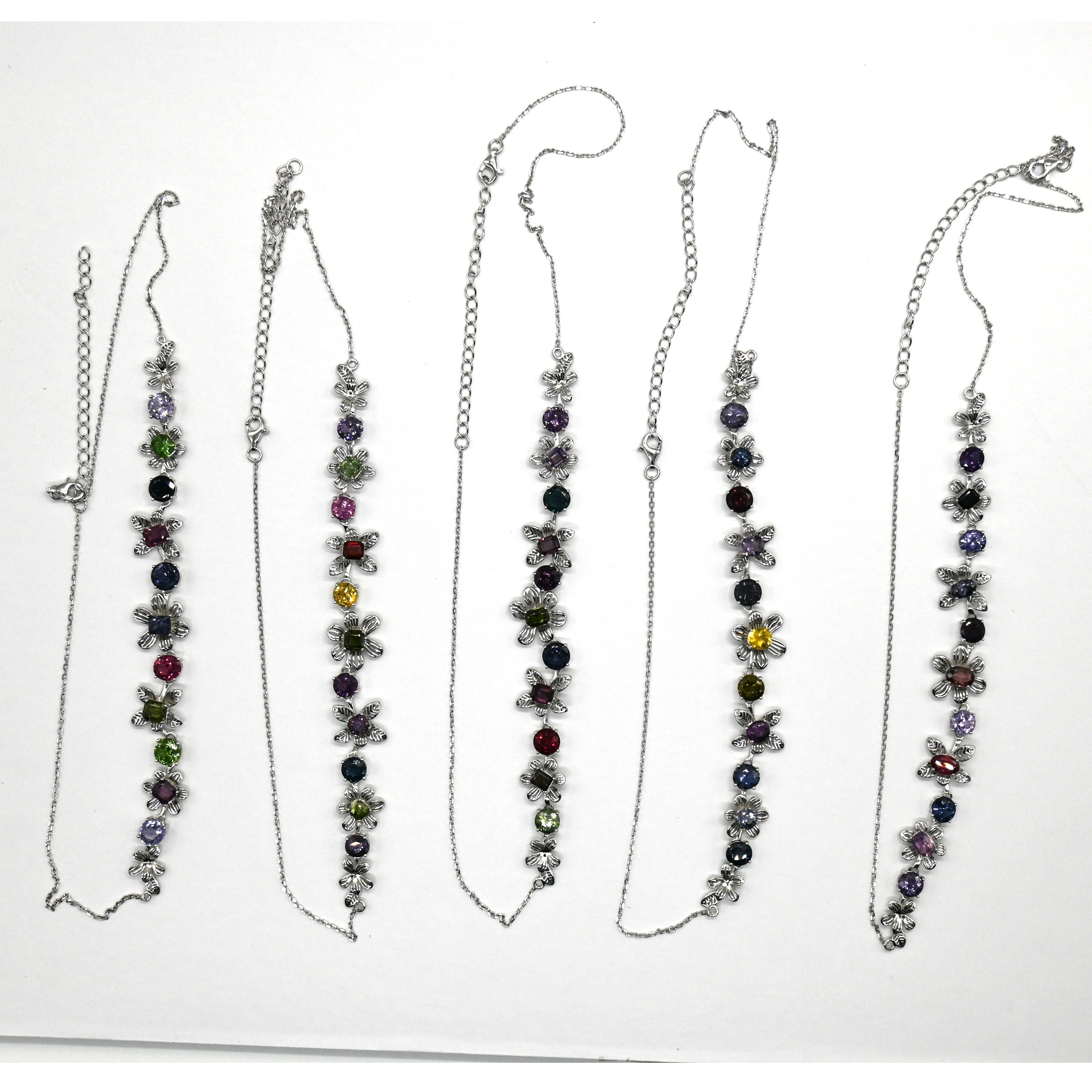 Flower Necklace, Multi-Gemstone, Sri Lanka Jewelry, 925 Silver, Pastel Gems