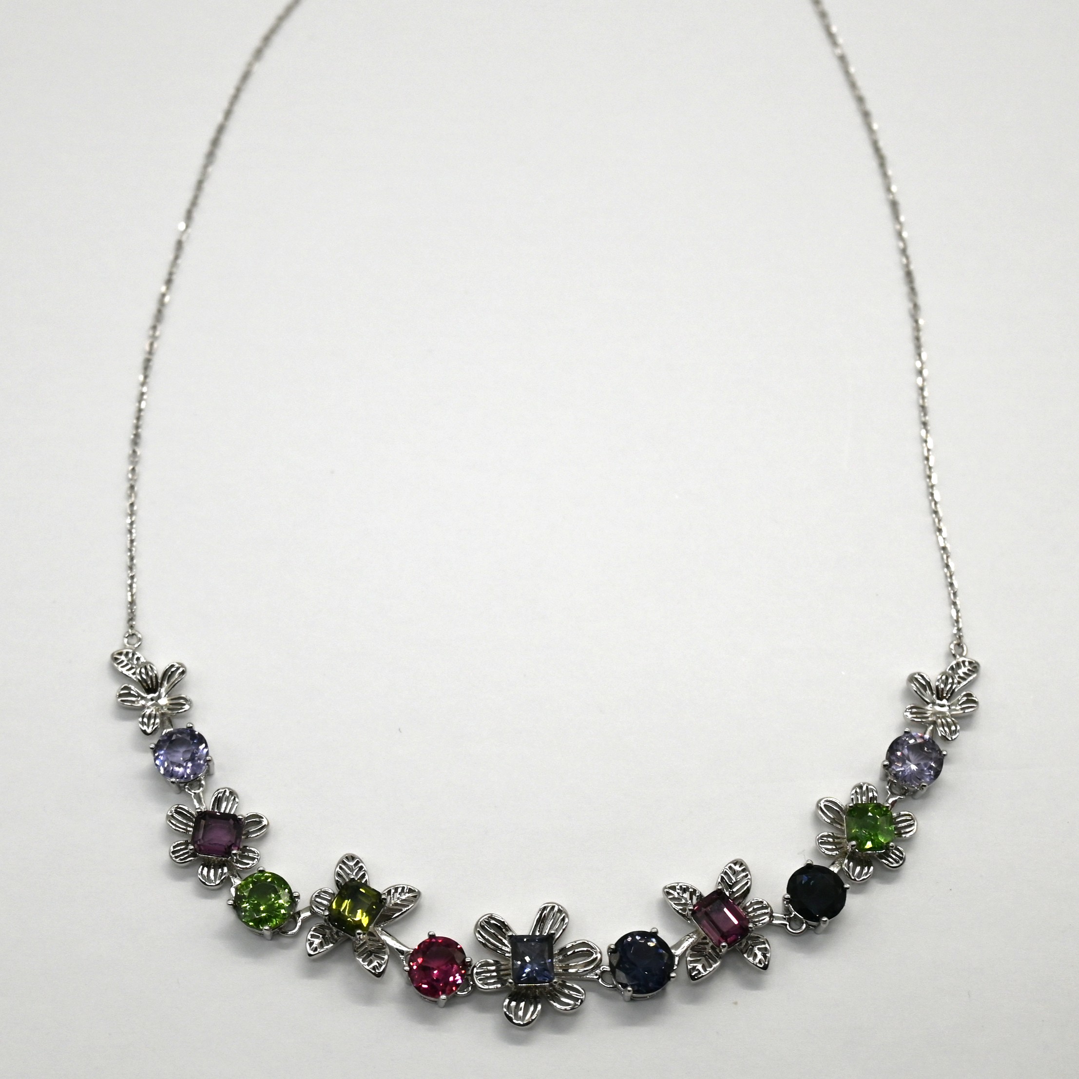 Flower Necklace, Multi-Gemstone, Sri Lanka Jewelry, 925 Silver, Pastel Gems