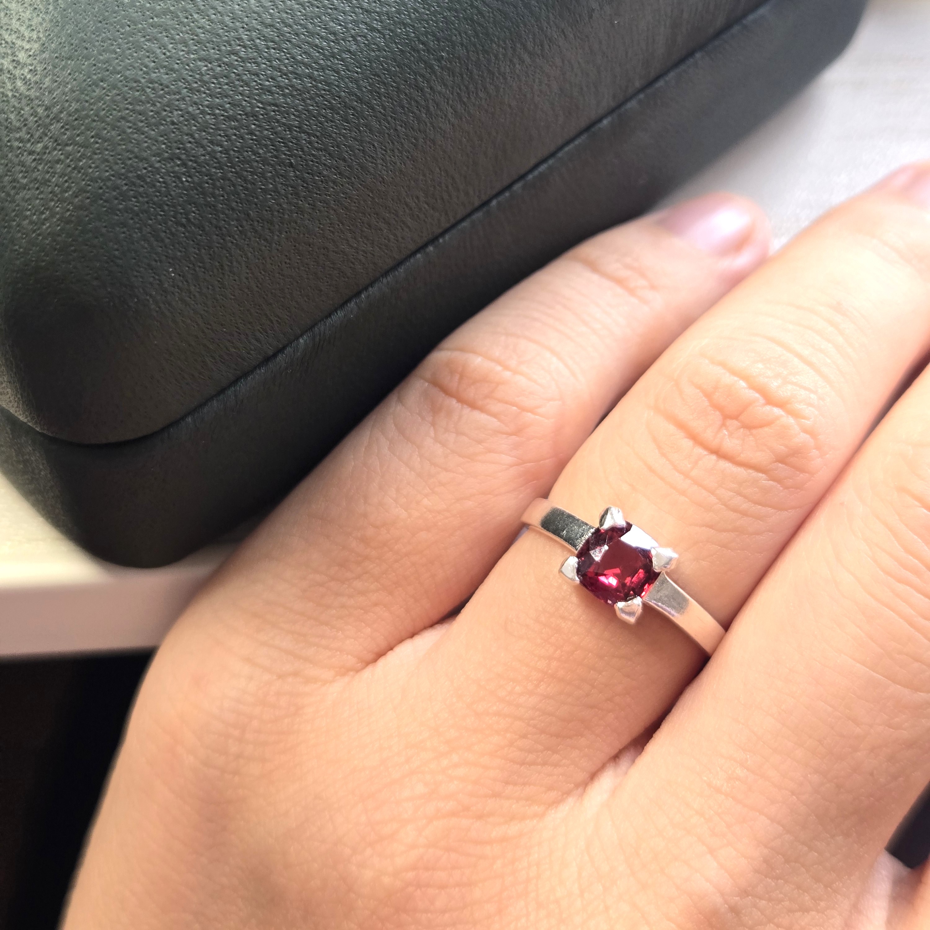 Simple Red Garnet Solitaire Silver Handcrafted Ring