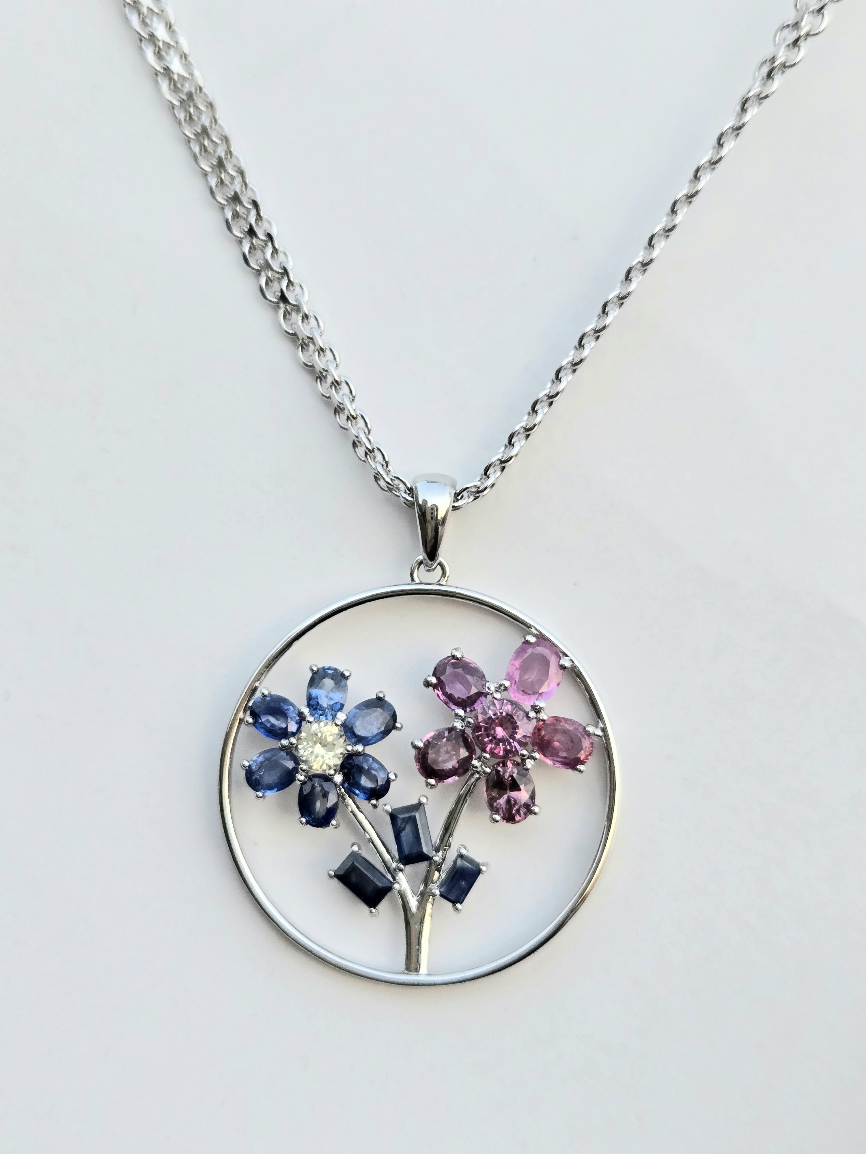 Silver Sapphire Double Floral Artisan Pendant (View 3)