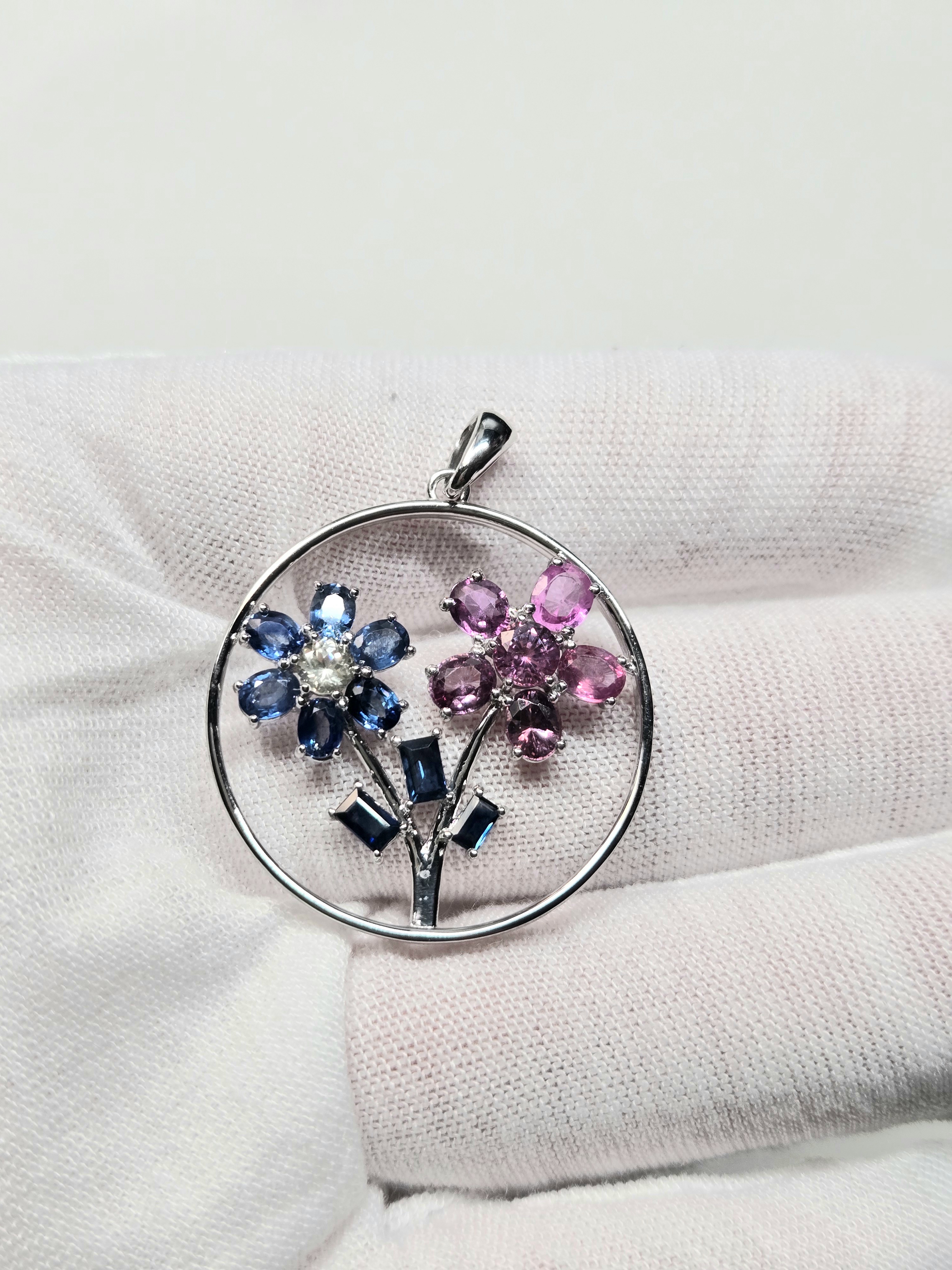 Silver Sapphire Double Floral Artisan Pendant (View 4)