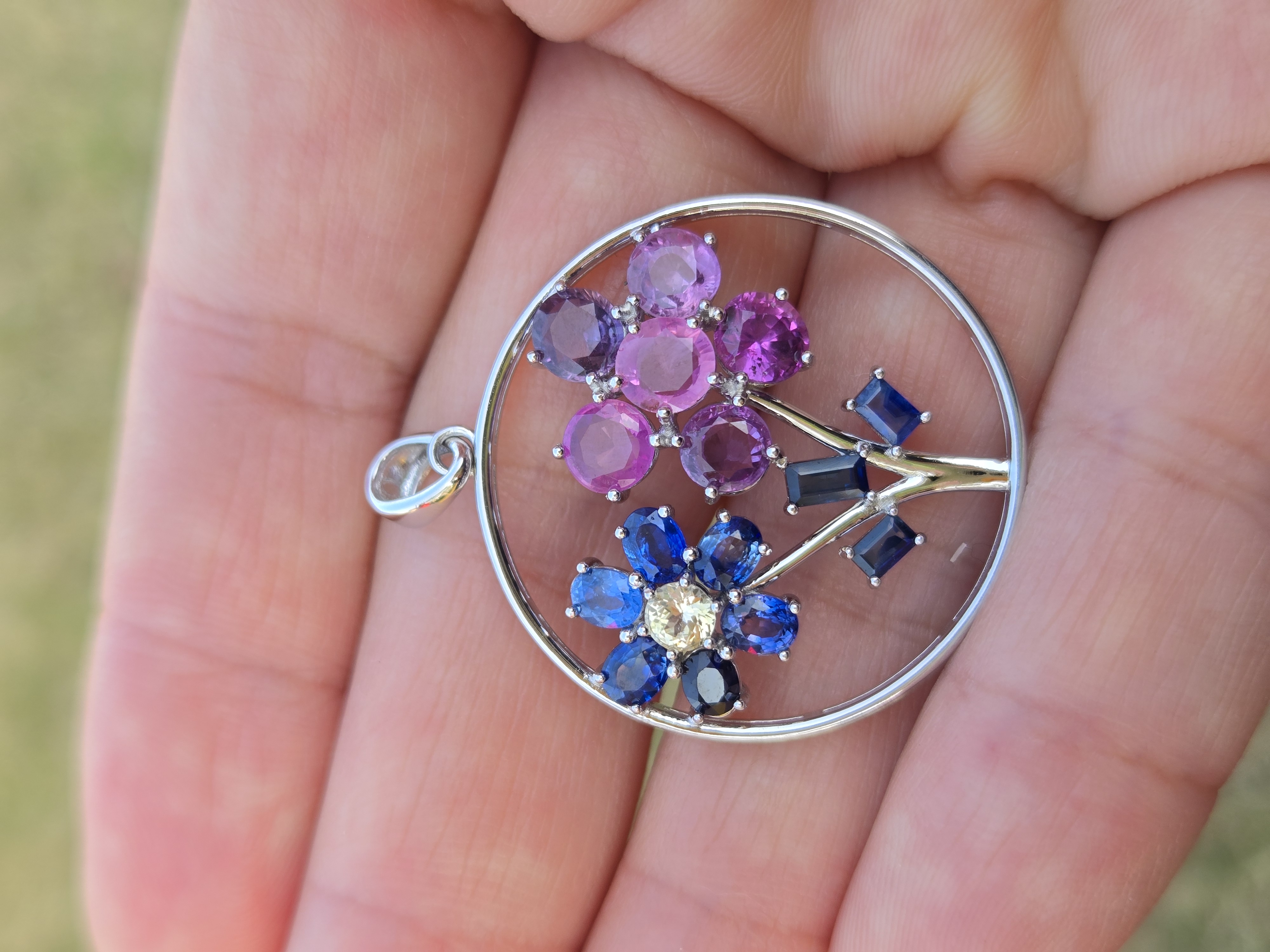 Silver Sapphire Double Floral Artisan Pendant (View 5)
