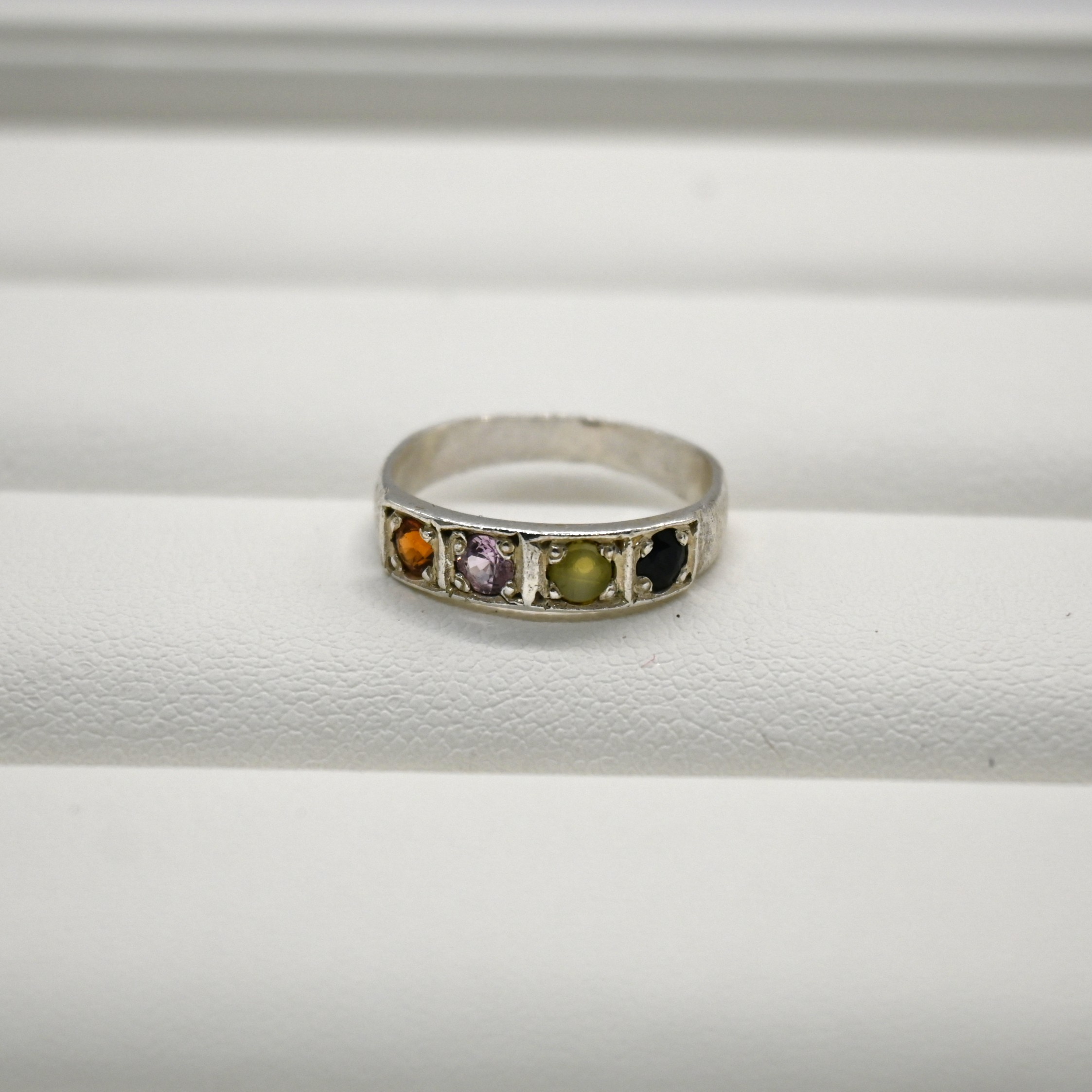 0.43cm Setting Height; Weight 1.81g; 4 Natural Sapphires; 925 Sterling Silver. HR0011, Small Sapphire Ring, 4-Stone Band, Ceylon Sapphire, Handmade