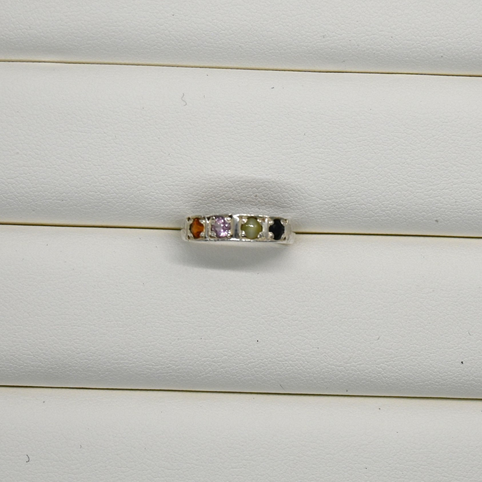 0.43cm Setting Height; Weight 1.81g; 4 Natural Sapphires; 925 Sterling Silver. HR0011, Small Sapphire Ring, 4-Stone Band, Ceylon Sapphire, Handmade
