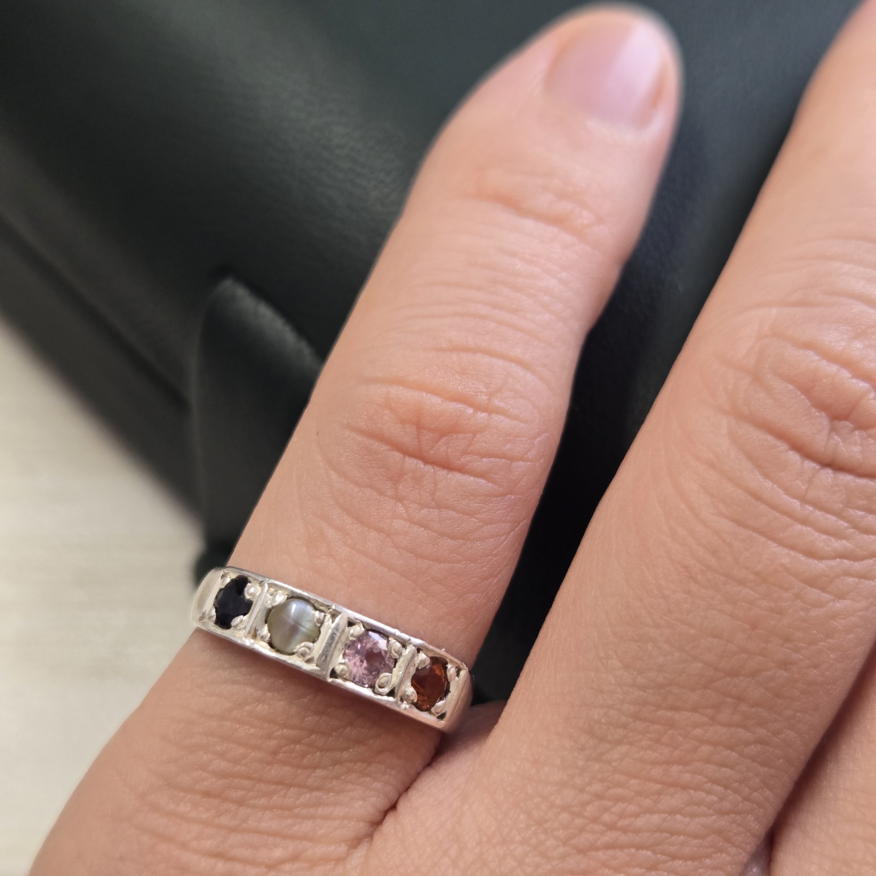 0.43cm Setting Height; Weight 1.81g; 4 Natural Sapphires; 925 Sterling Silver. HR0011, Small Sapphire Ring, 4-Stone Band, Ceylon Sapphire, Handmade