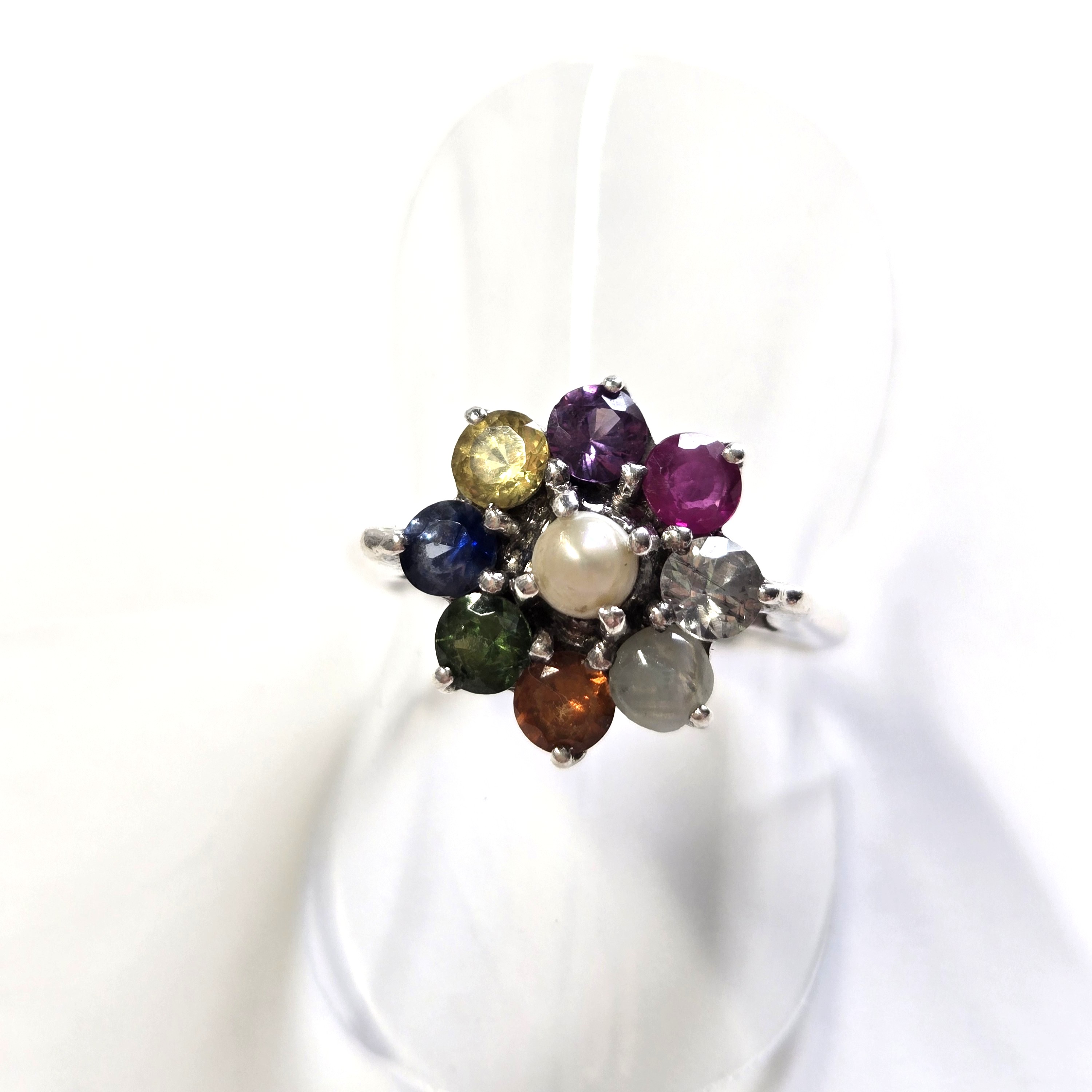 1.3cm H x 1.3cm W; Weight 3.81g; 9 Natural Sapphires; Intricate Petal Detailing. HR0012, Sapphire Flower Ring, Floral Jewelry, Sri Lanka Handmade, 925 Silver