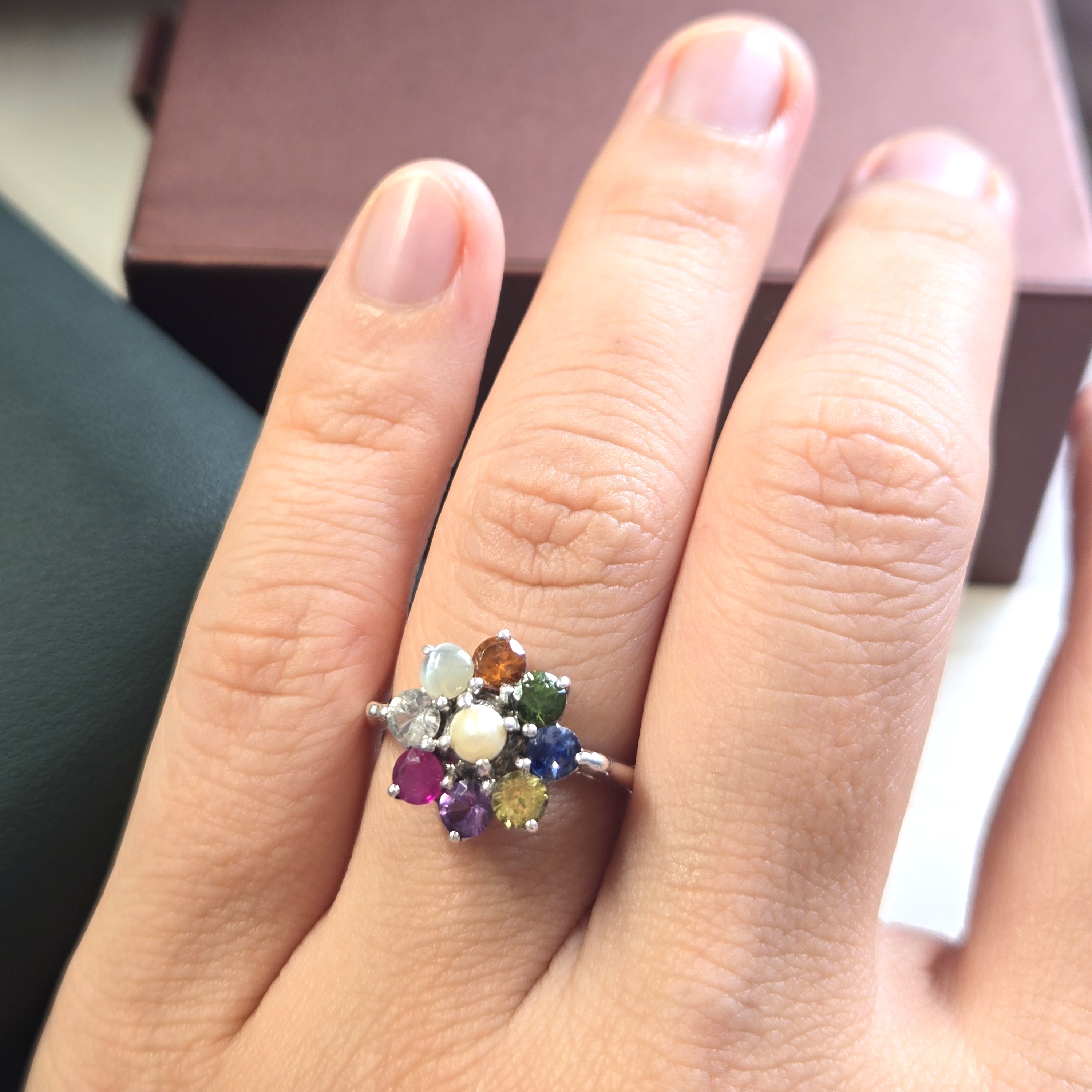 1.3cm H x 1.3cm W; Weight 3.81g; 9 Natural Sapphires; Intricate Petal Detailing. HR0012, Sapphire Flower Ring, Floral Jewelry, Sri Lanka Handmade, 925 Silver