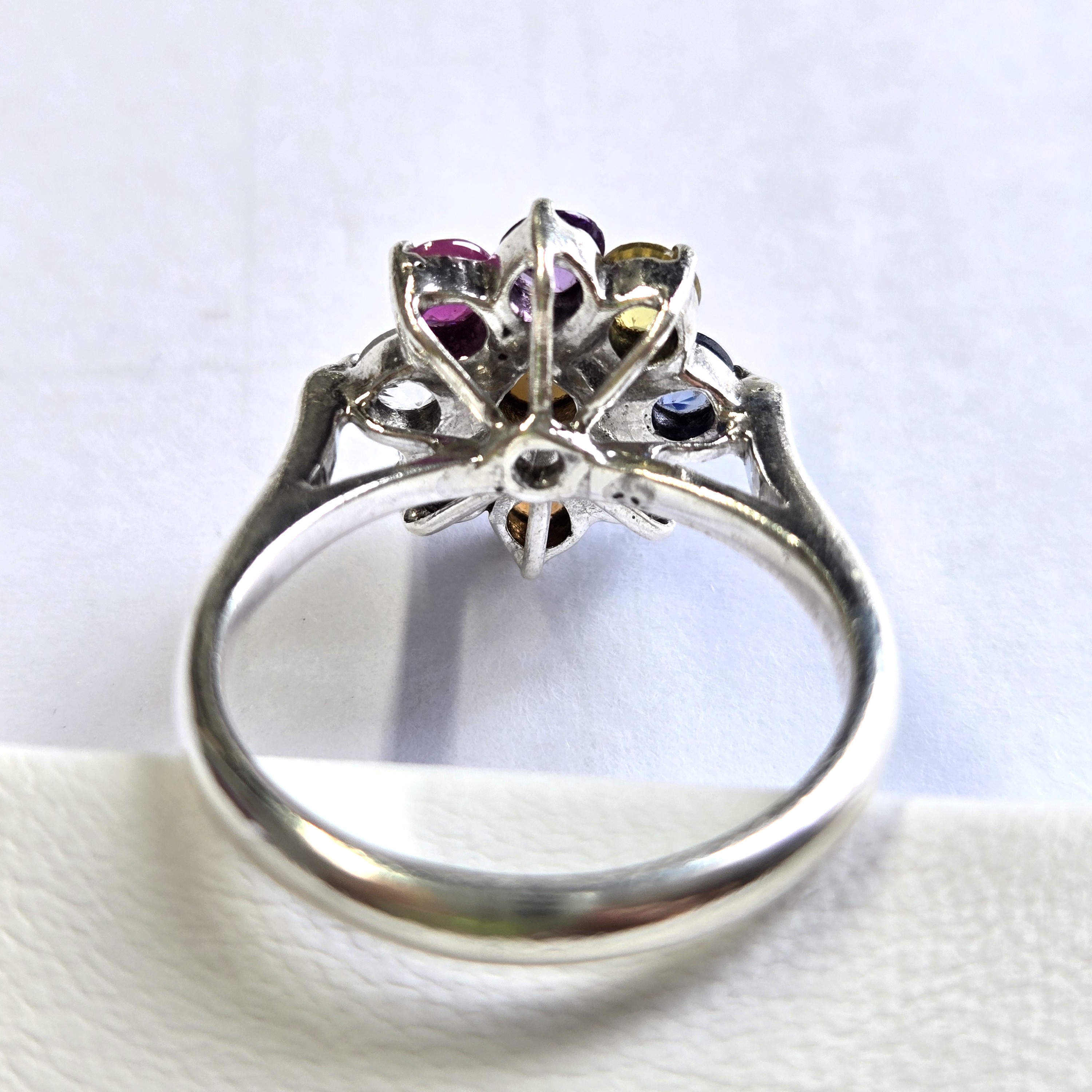 1.3cm H x 1.3cm W; Weight 3.81g; 9 Natural Sapphires; Intricate Petal Detailing. HR0012, Sapphire Flower Ring, Floral Jewelry, Sri Lanka Handmade, 925 Silver