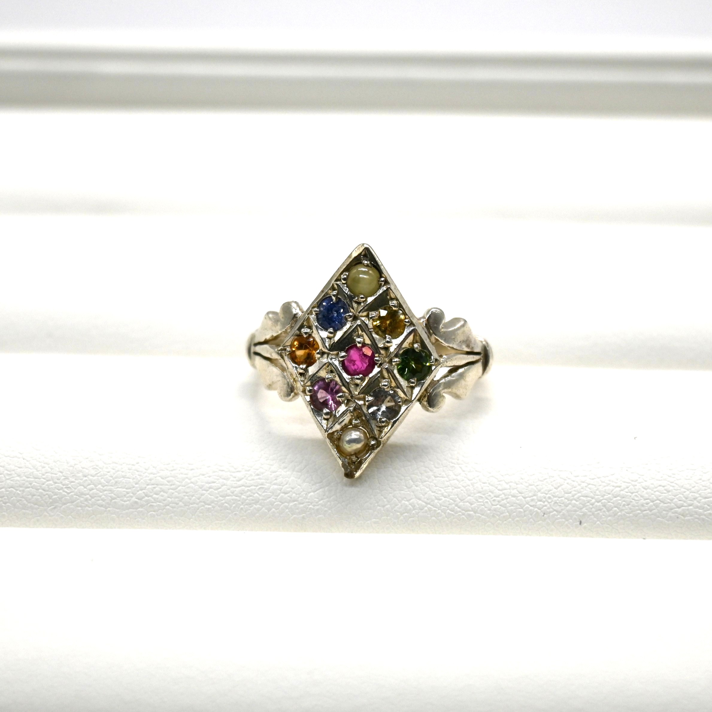 1.5cm H x 2cm W Face; Weight 4.26g; 9 Natural Sapphires; Bold Artisan Statement. HR0010,Sapphire Shield Ring, Geometric Jewelry, Multi-Stone, Sri Lanka Artisan