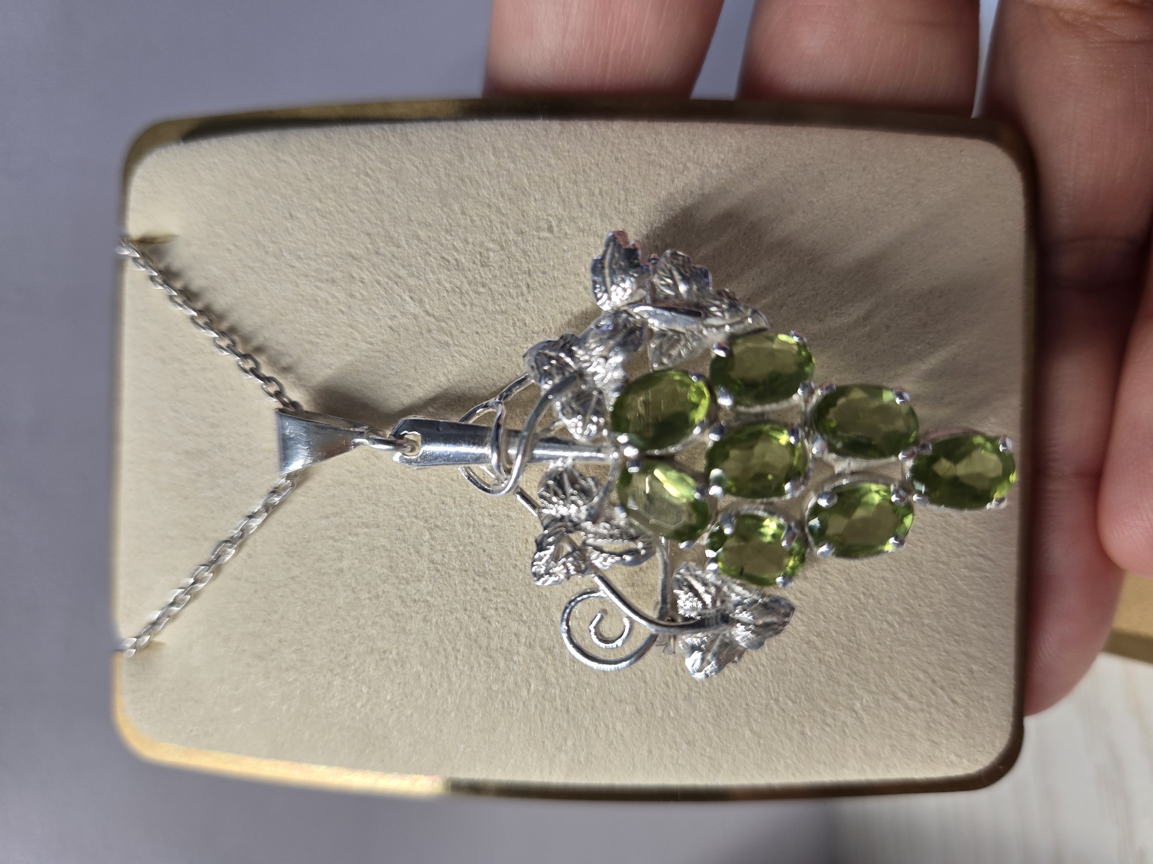 3.2cm W x 4.5cm H; Weight 7g; Authentic Peridot Stones; Naturalistic Design. Peridot Pendant, Grape Cluster Design, Sri Lanka Silver, Green Gemstone