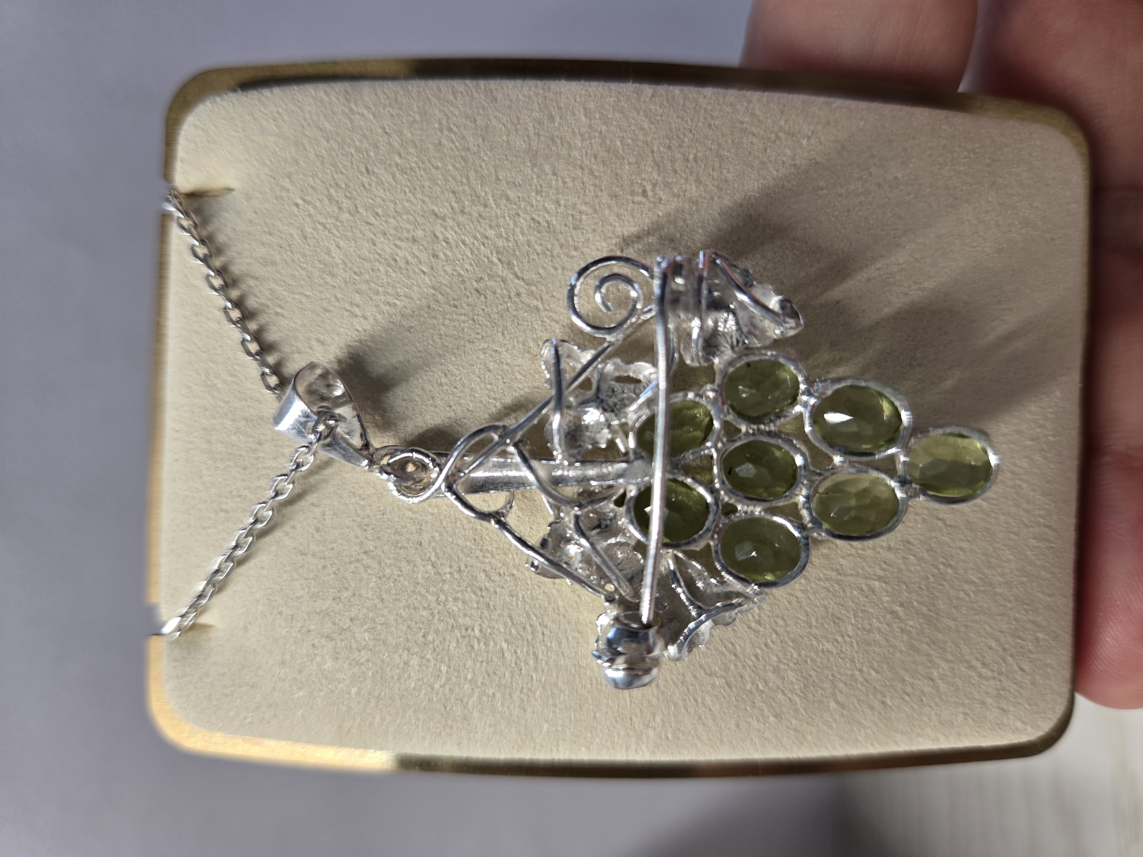 3.2cm W x 4.5cm H; Weight 7g; Authentic Peridot Stones; Naturalistic Design. Peridot Pendant, Grape Cluster Design, Sri Lanka Silver, Green Gemstone