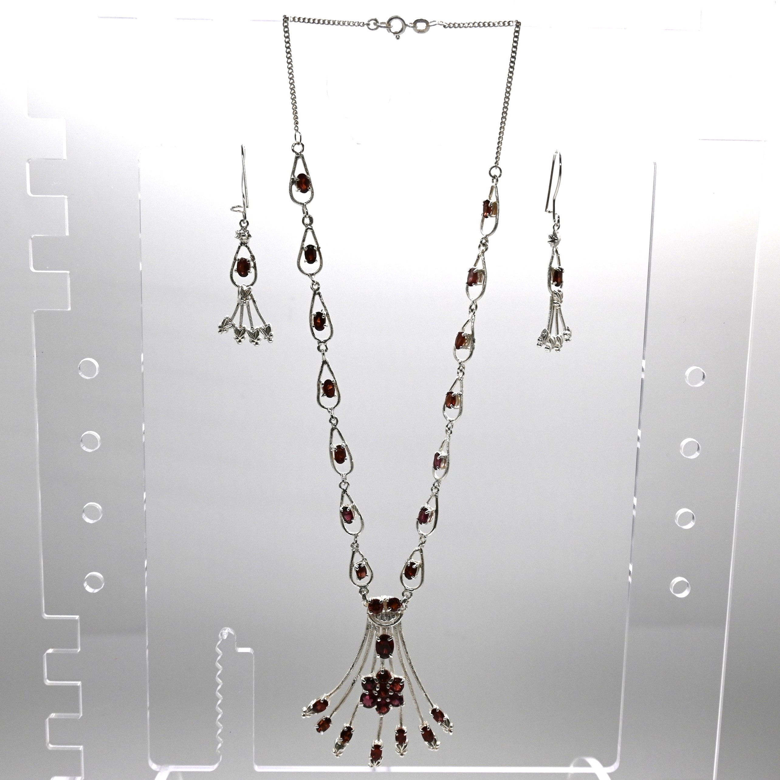 Necklace 4.3x5.2cm Pendant; Earrings 1.8x3cm; Weight 17g+; Red Garnet. HN0002,Garnet Jewelry Set, Red Gemstone Necklace, Sri Lanka Artisan, Silver Set