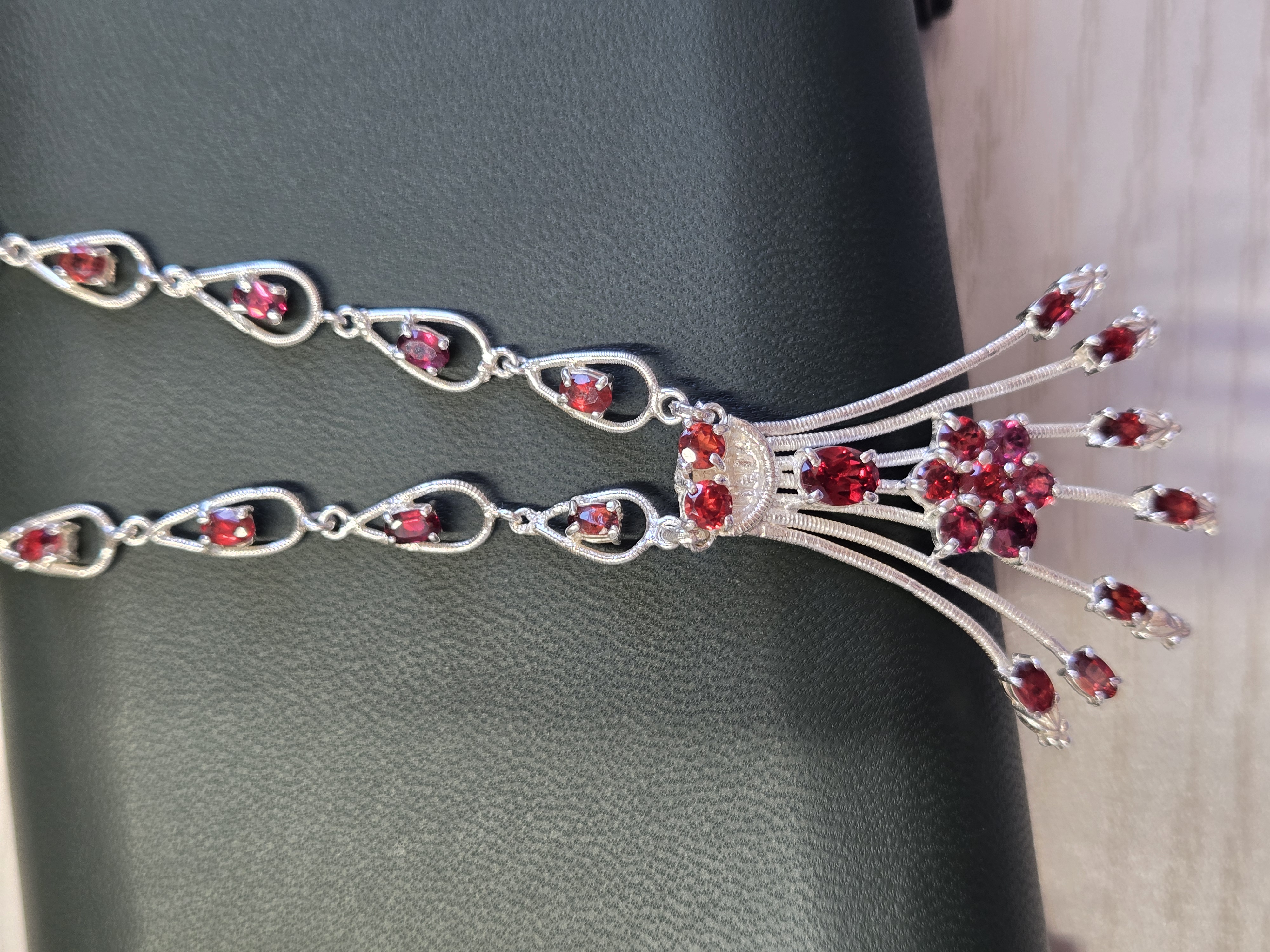 Necklace 4.3x5.2cm Pendant; Earrings 1.8x3cm; Weight 17g+; Red Garnet. HN0002,Garnet Jewelry Set, Red Gemstone Necklace, Sri Lanka Artisan, Silver Set