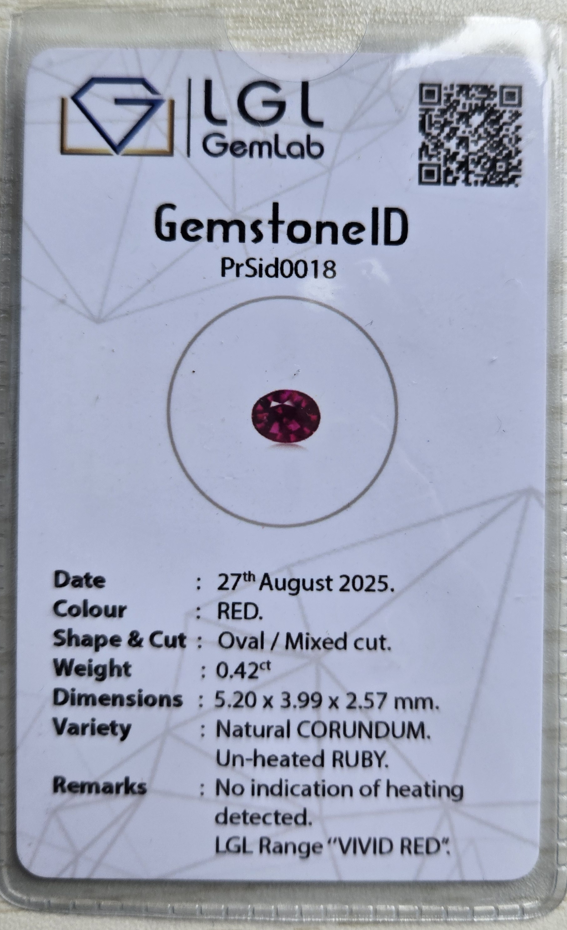 • Type: Natural Ruby • Weight: 0.42ct • Origin: Sri Lanka • Shape: Oval 0.42ct Ruby, RU0002, Sri Lanka Red Stone