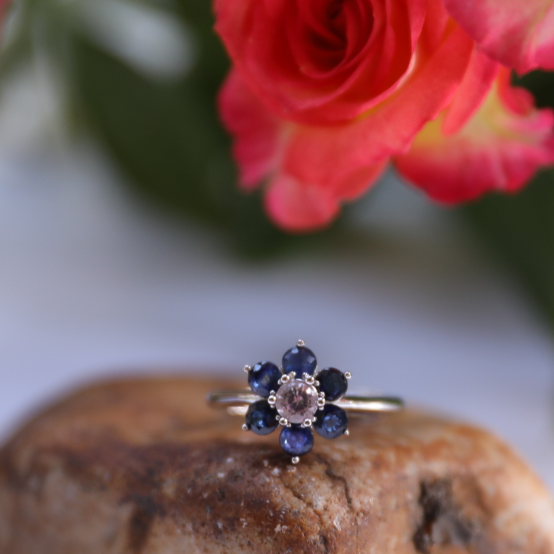 7-Piece Sapphire Flower Shape Adjustable Silver Ring 11#
