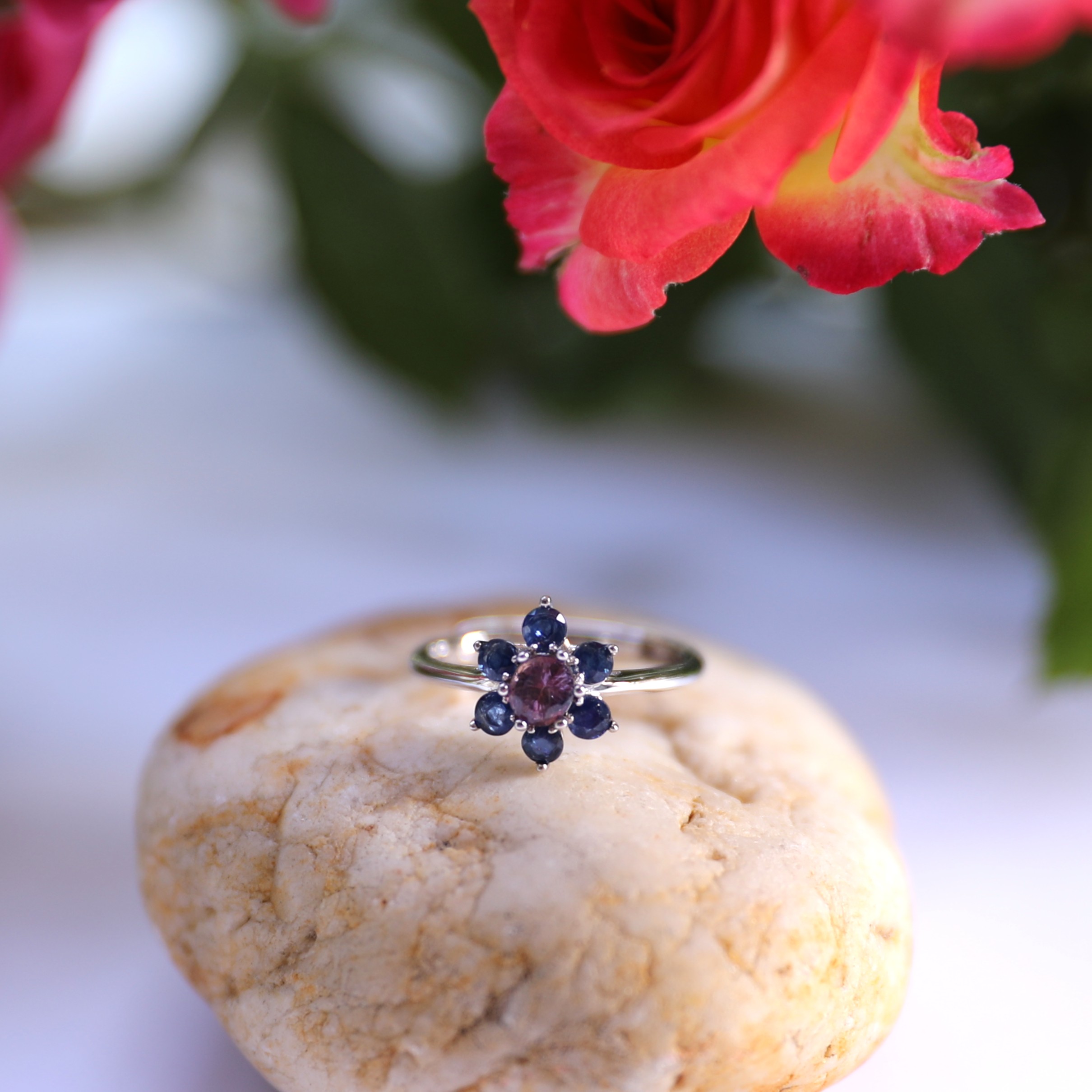 7-Piece Sapphire Flower Shape Adjustable Silver Ring 11#