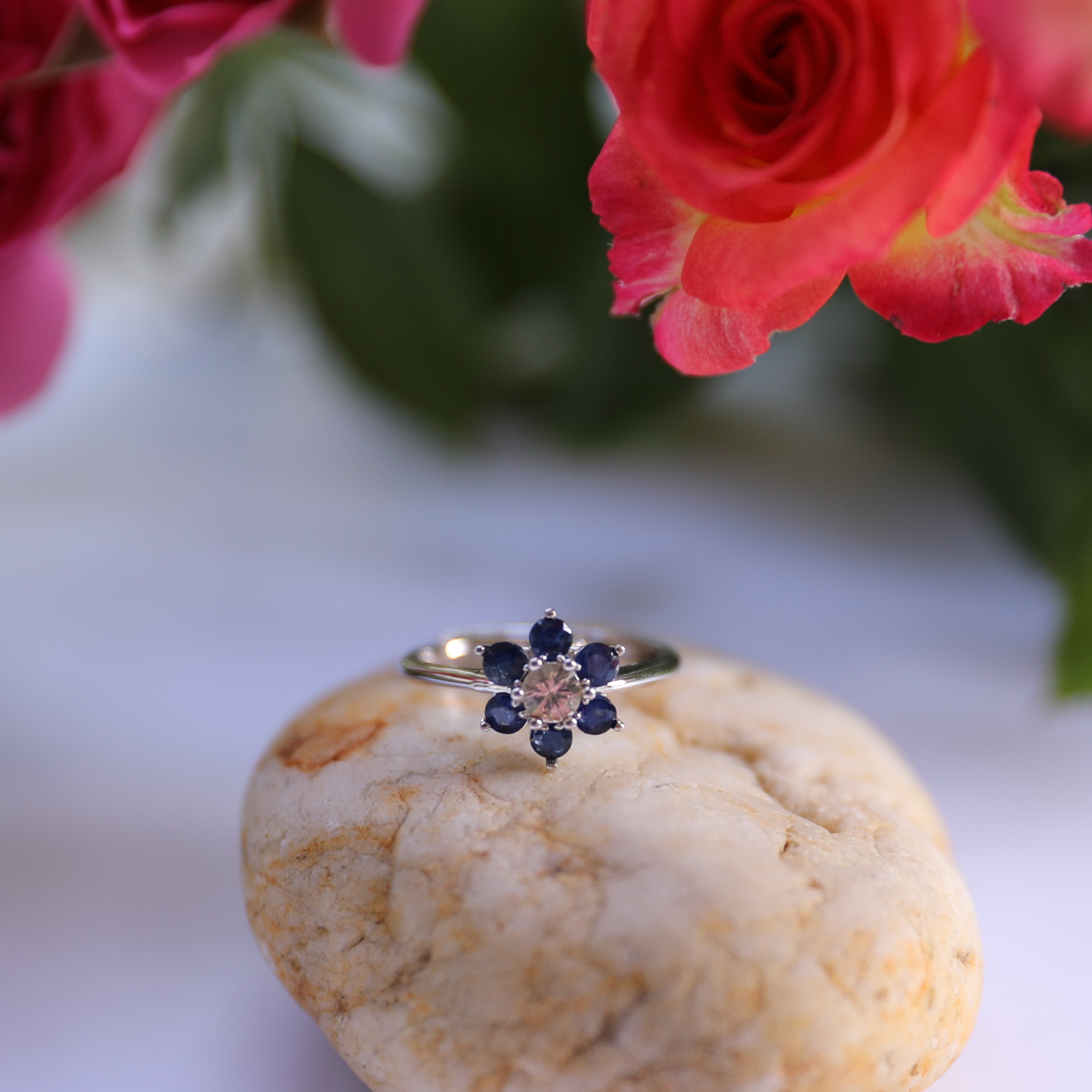 7-Piece Sapphire Flower Shape Adjustable Silver Ring 11#