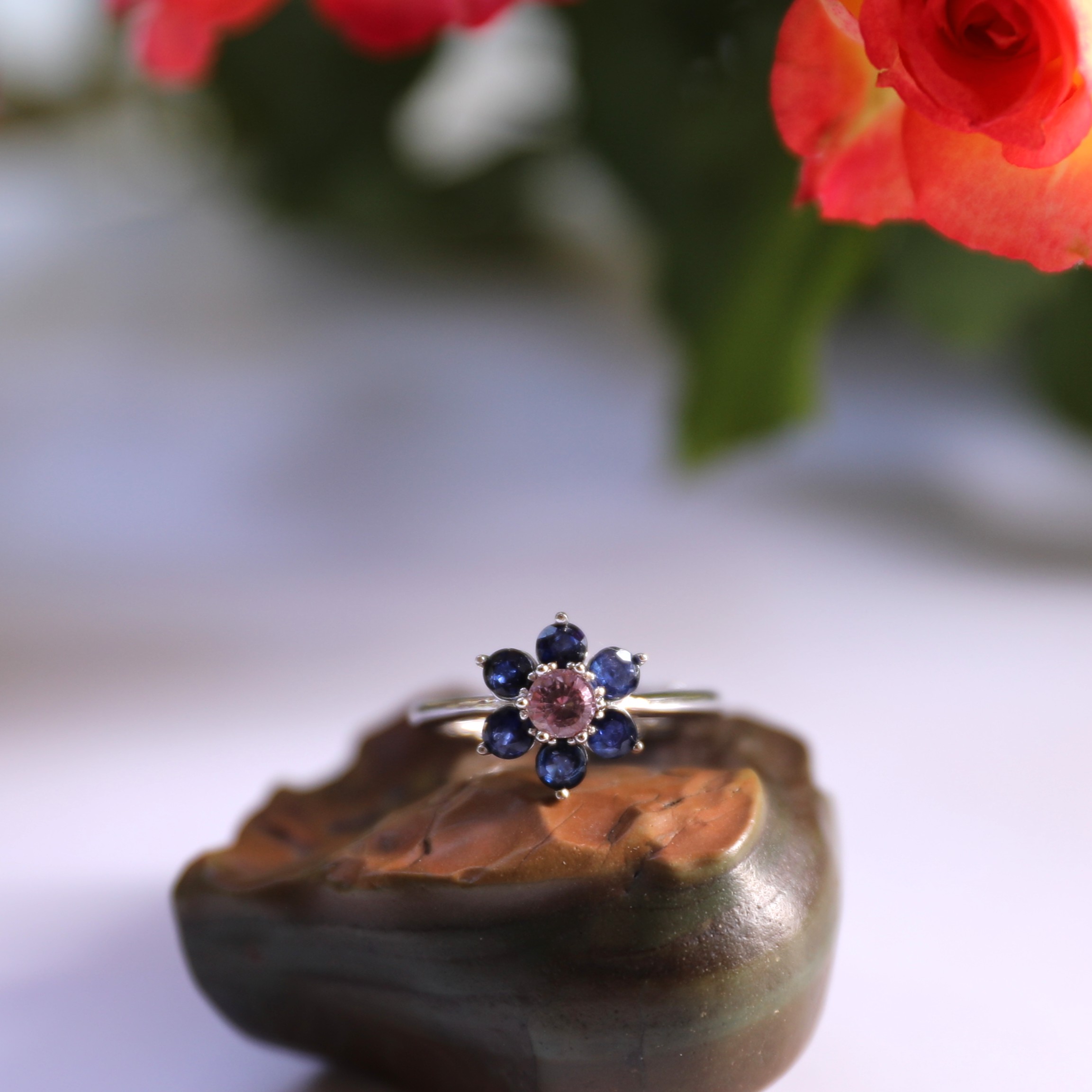 7-Piece Sapphire Flower Shape Adjustable Silver Ring 11#