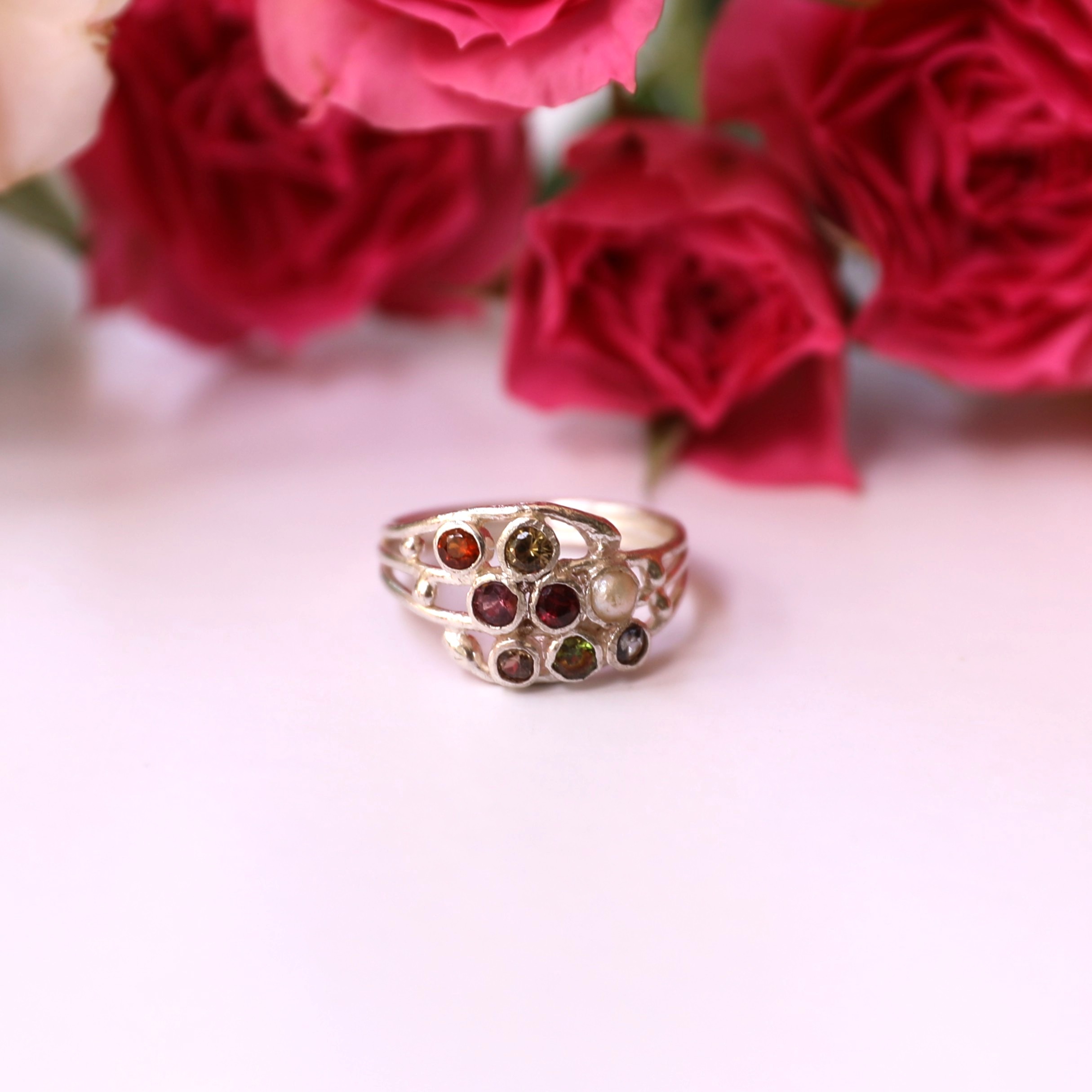 Handcrafted 8-Piece Sapphire Cluster Silver Ring