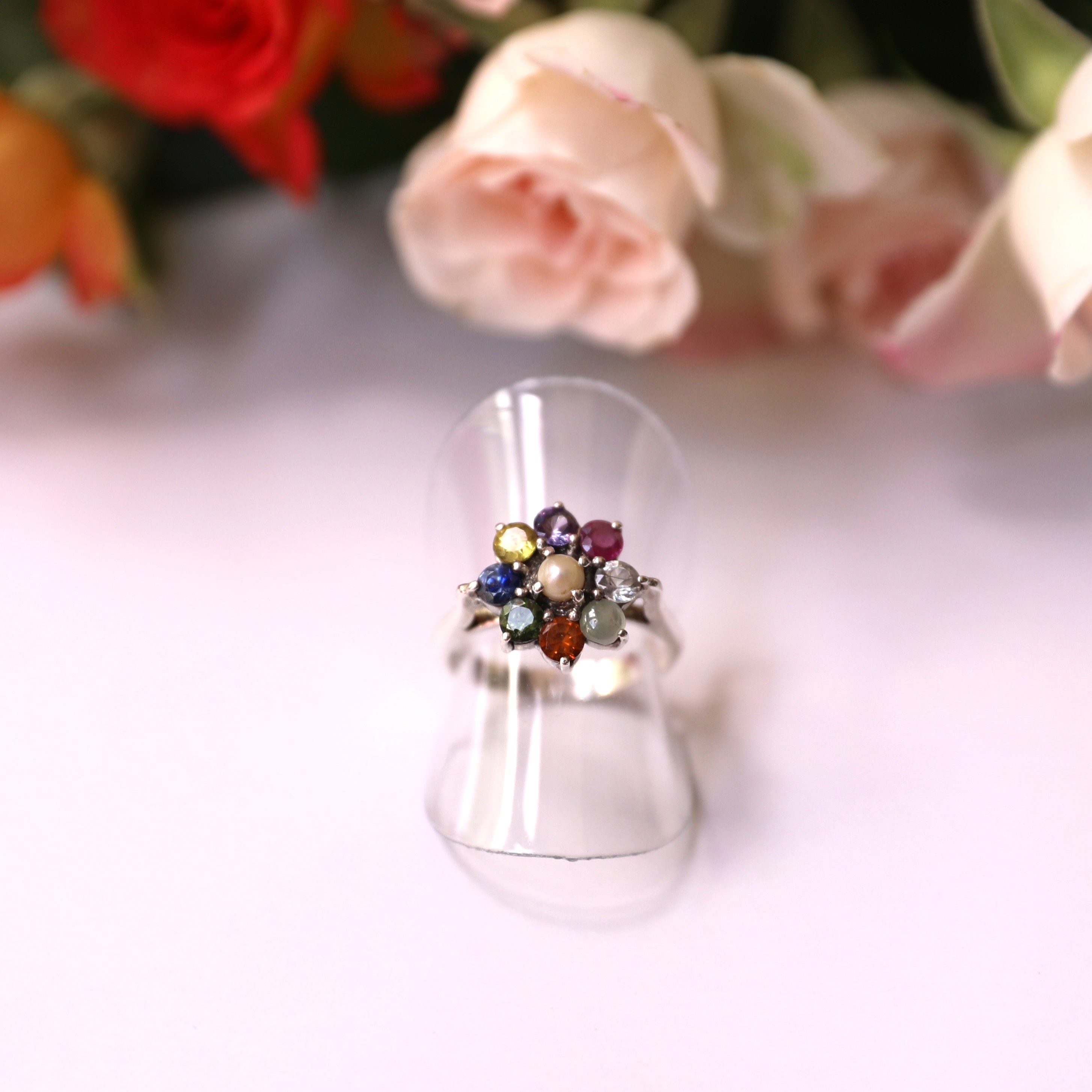Handcrafted 9-Piece Sapphire Flower Silver Ring