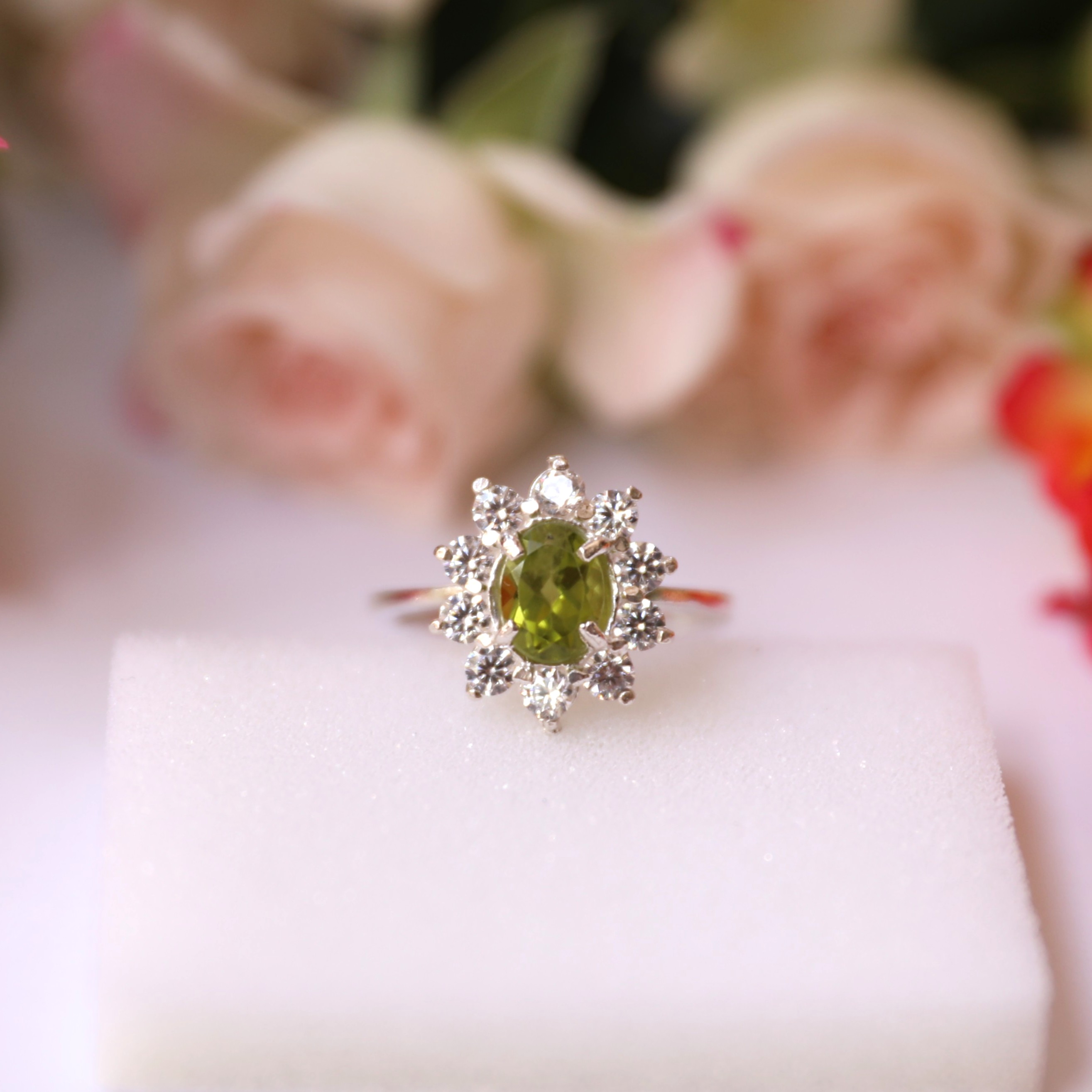 Green Peridot Floral Burst Silver Handcrafted Ring