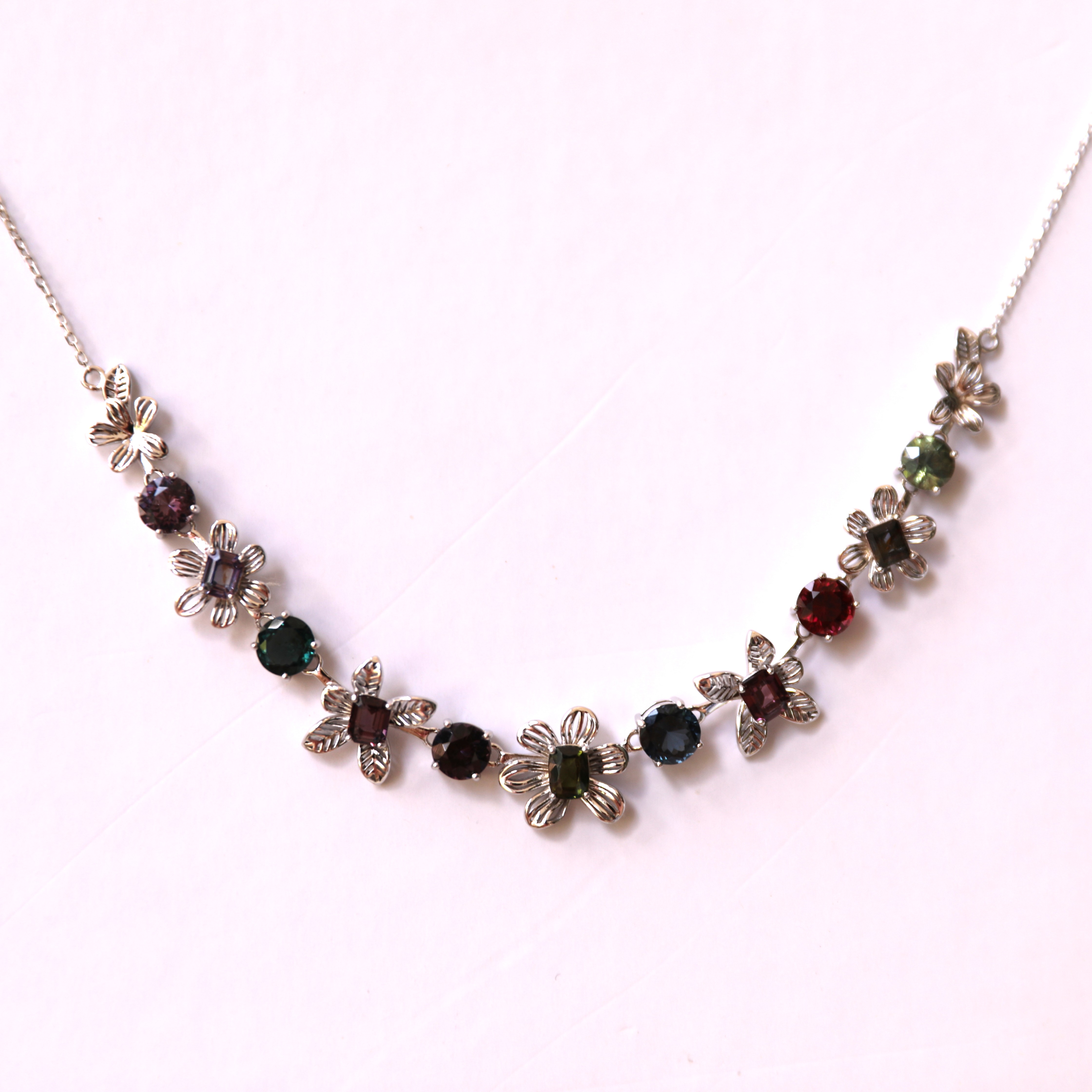 11-Piece Gemstone Flower Handcrafted Silver Necklace