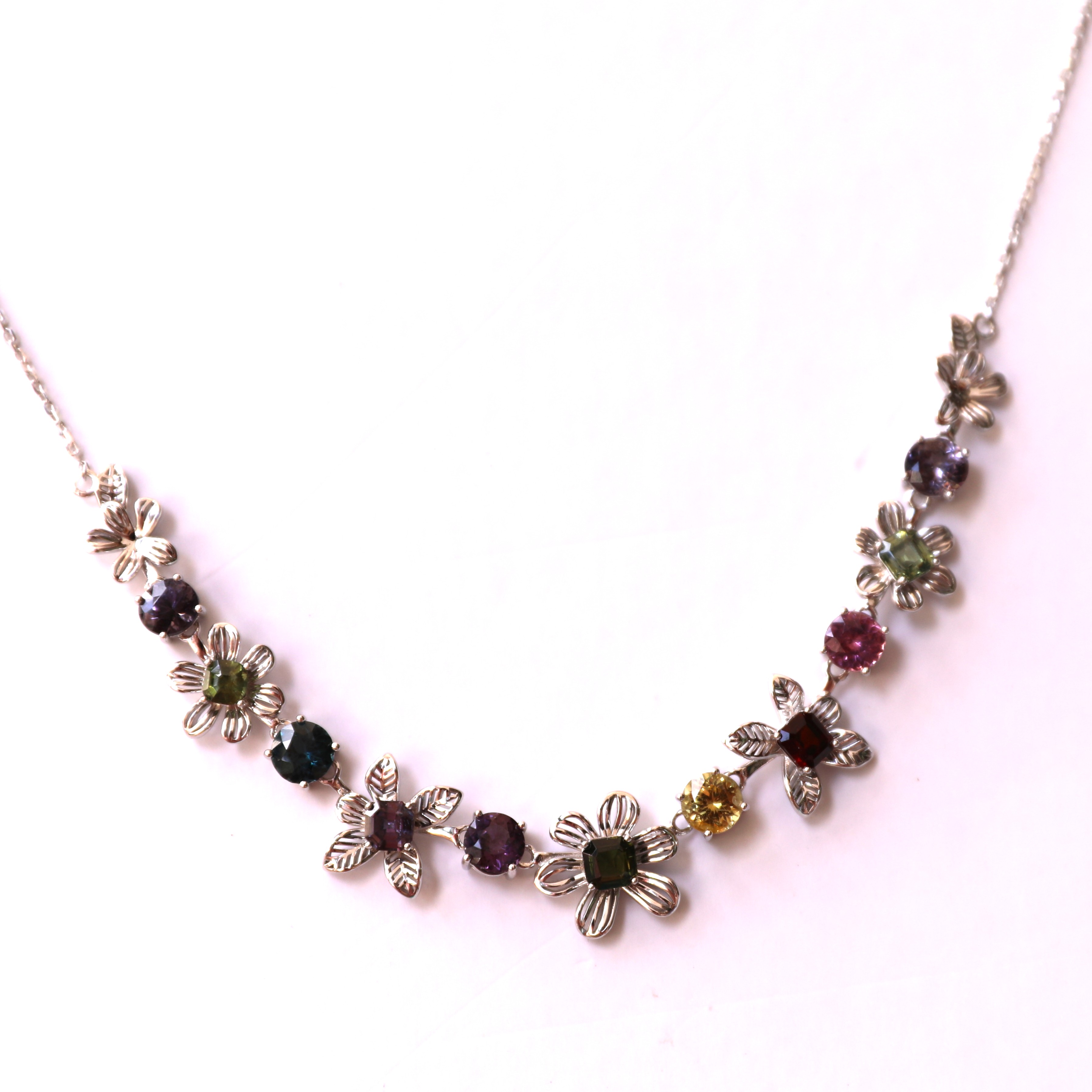 11-Piece Gemstone Flower Handcrafted Silver Necklace