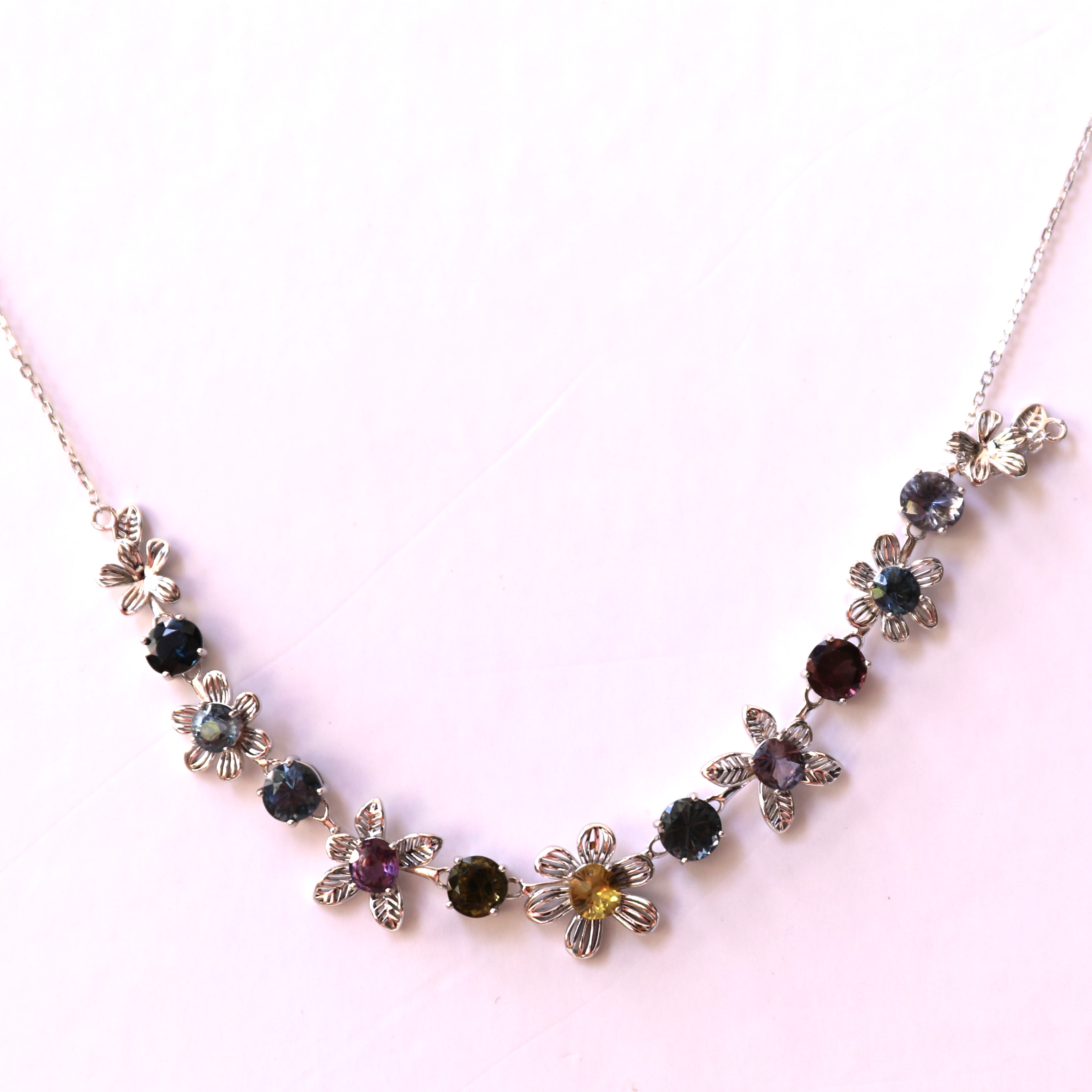 11-Piece Gemstone Flower Handcrafted Silver Necklace
