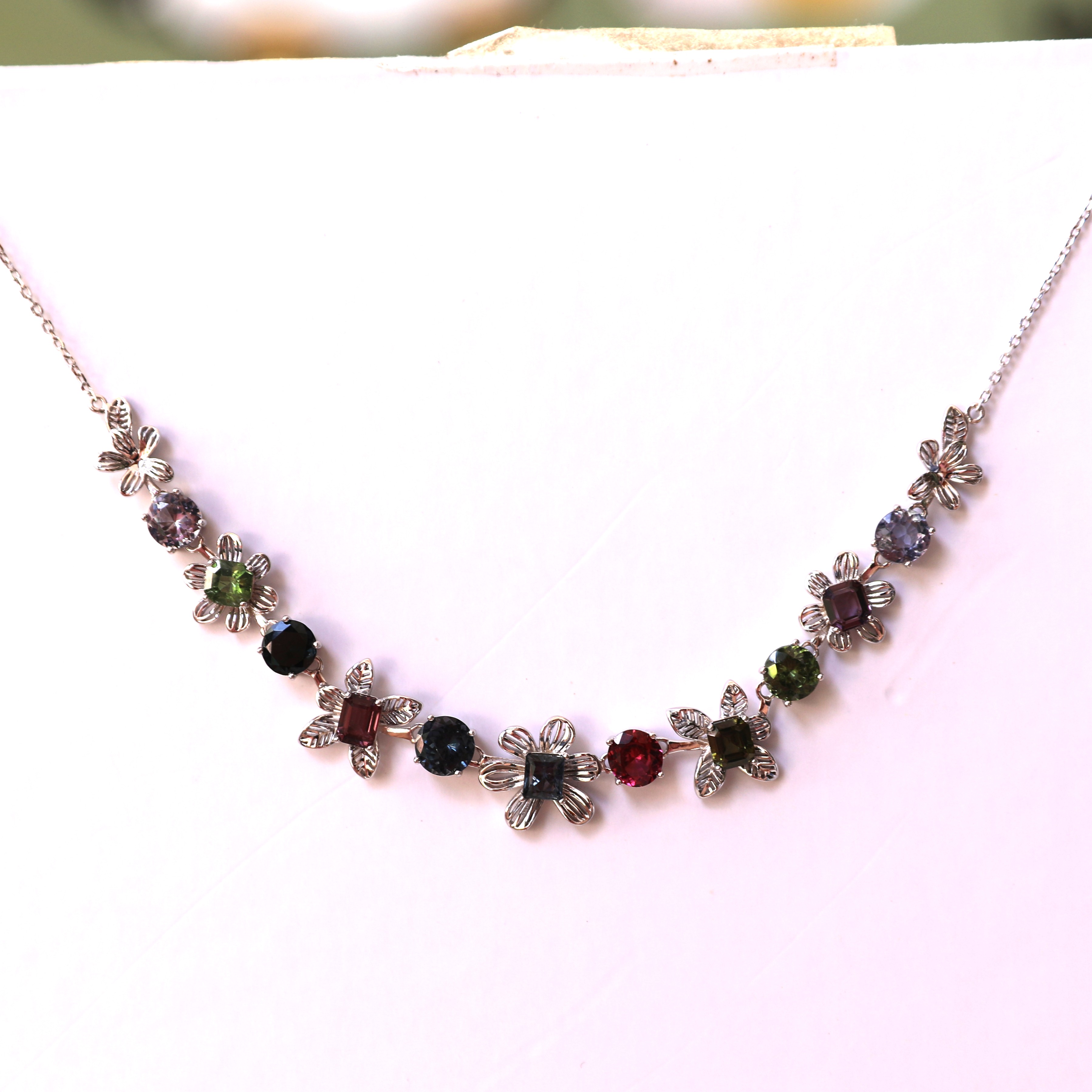 11-Piece Gemstone Flower Handcrafted Silver Necklace