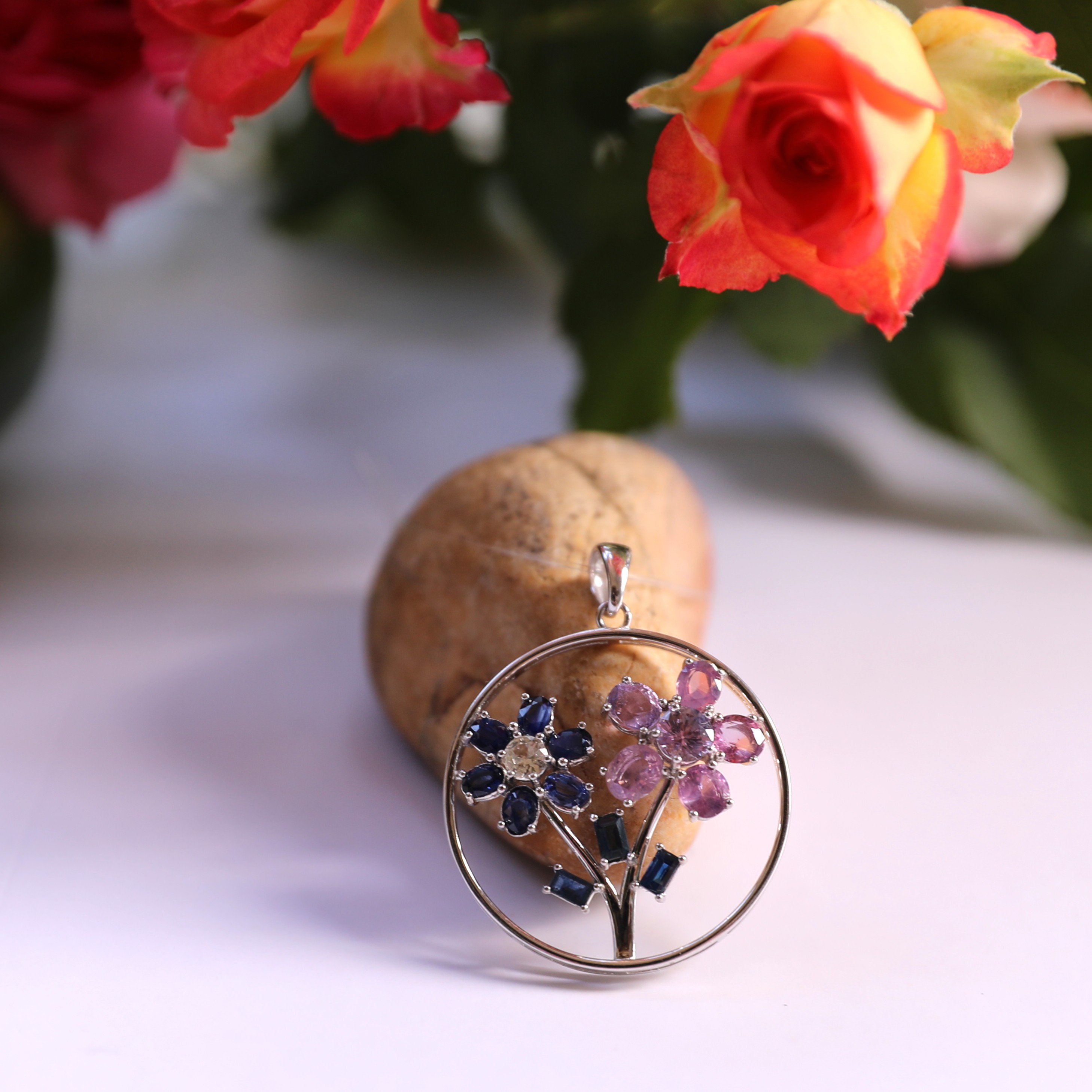 Silver Sapphire Double Floral Artisan Pendant