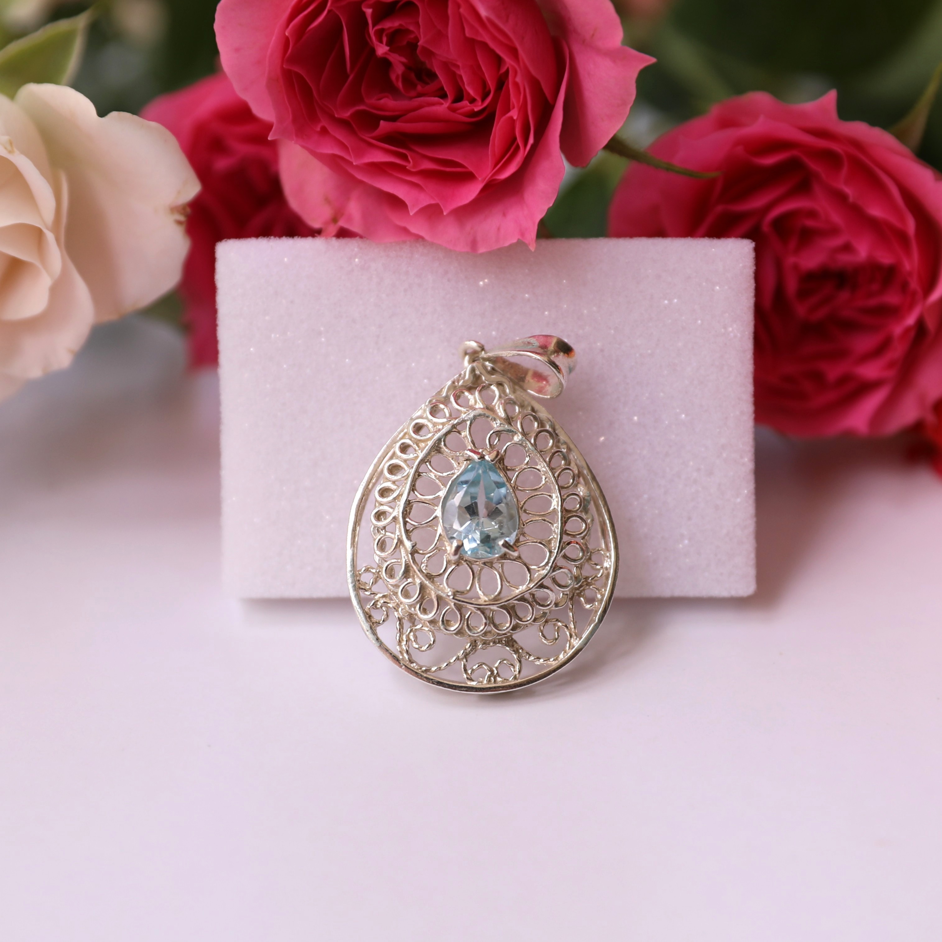 Intricate Filigree Blue Topaz Silver Handcrafted Pendant