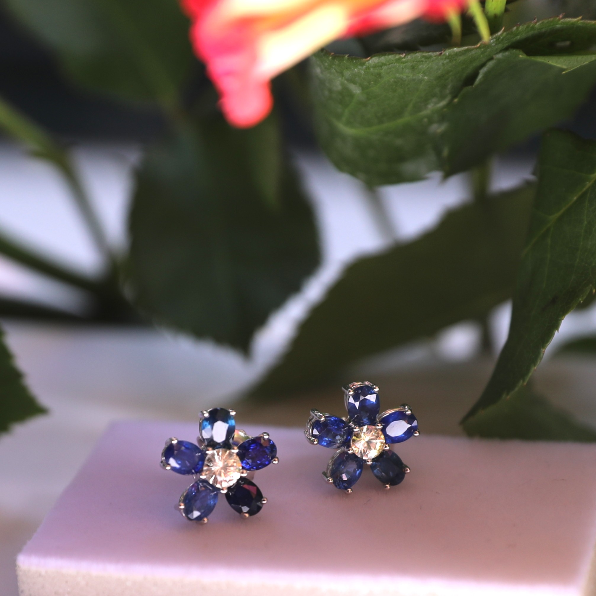 6-Piece Sapphire Flower Handcrafted Silver Earrings