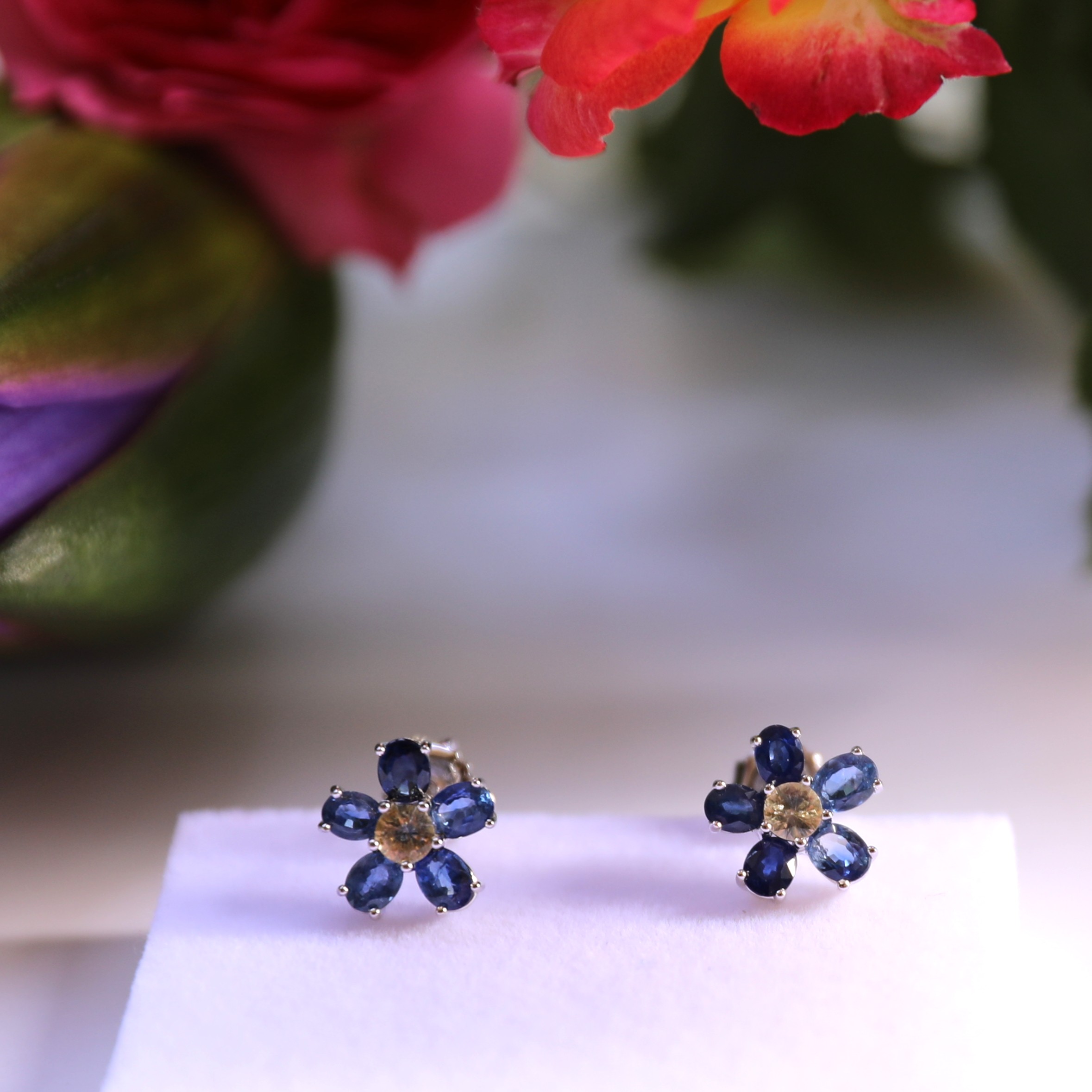 6-Piece Sapphire Flower Handcrafted Silver Earrings