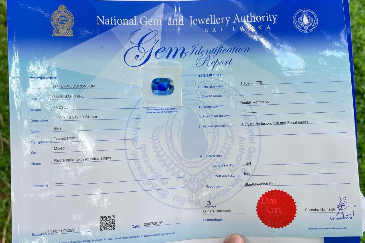 55.02 Ct Natural Blue Sapphire, Cushion, Sri Lanka