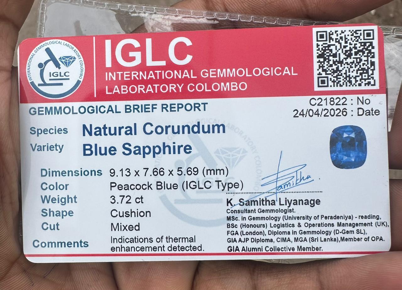 3.72 Ct Natural Peacock Blue Sapphire, Cushion, Heated, Sri Lanka